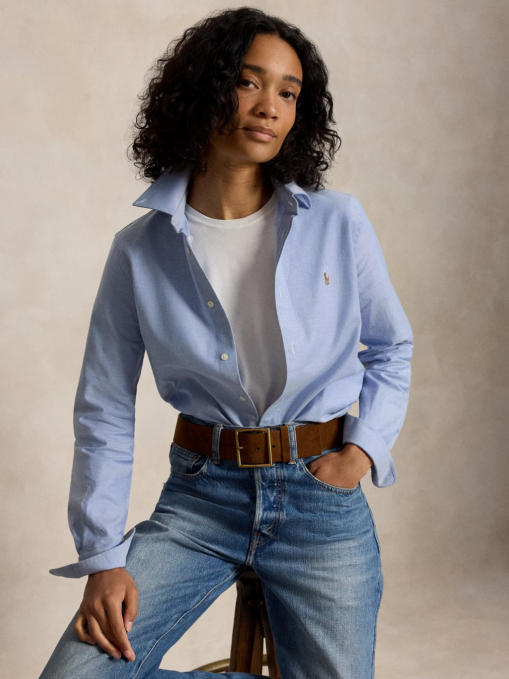 RALPH LAUREN WOMEN The Iconic Stretch Slim Fit Oxford Shirt Blue