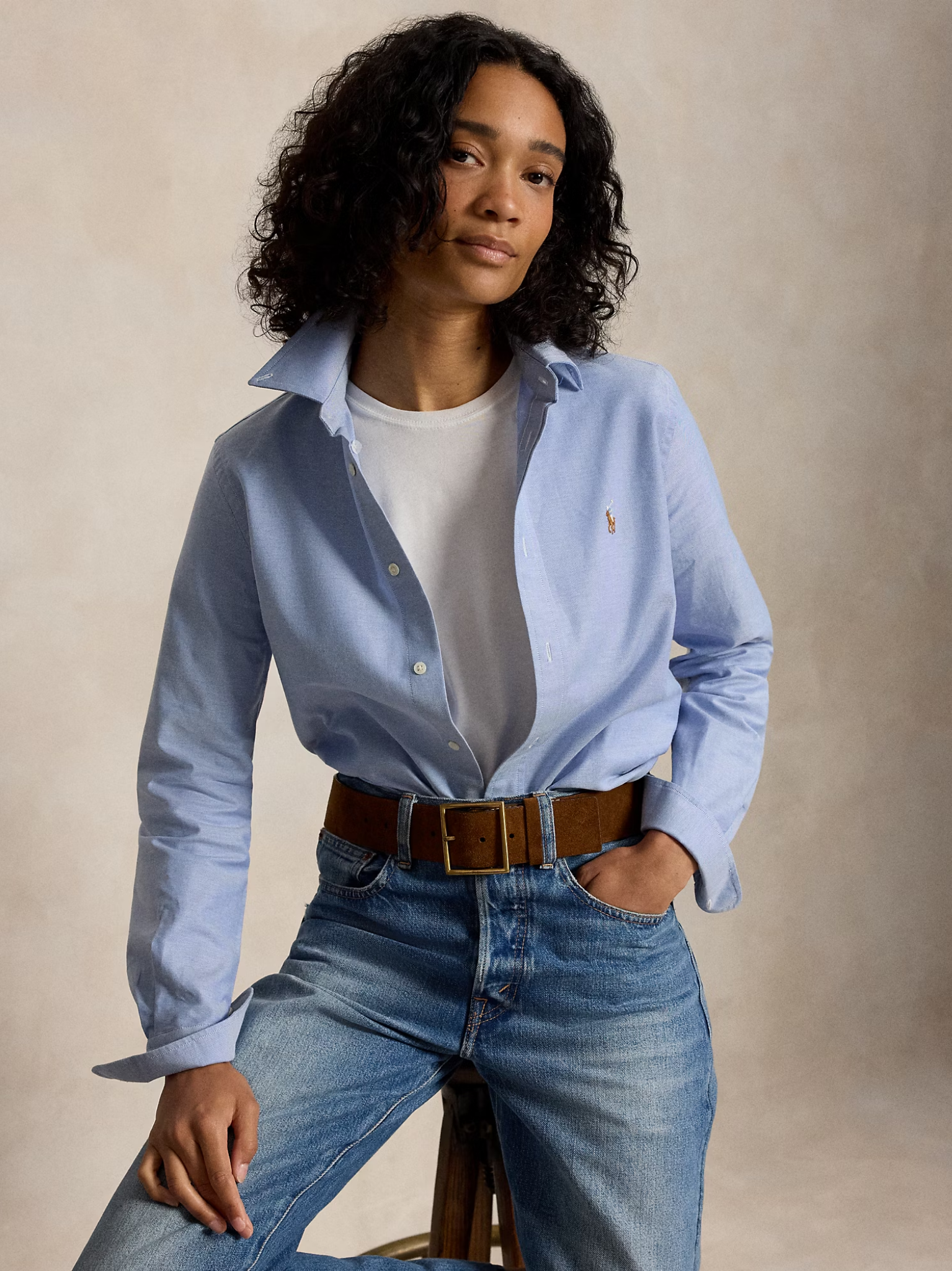 RALPH LAUREN WOMEN The Iconic Stretch Slim Fit Oxford Shirt Blue