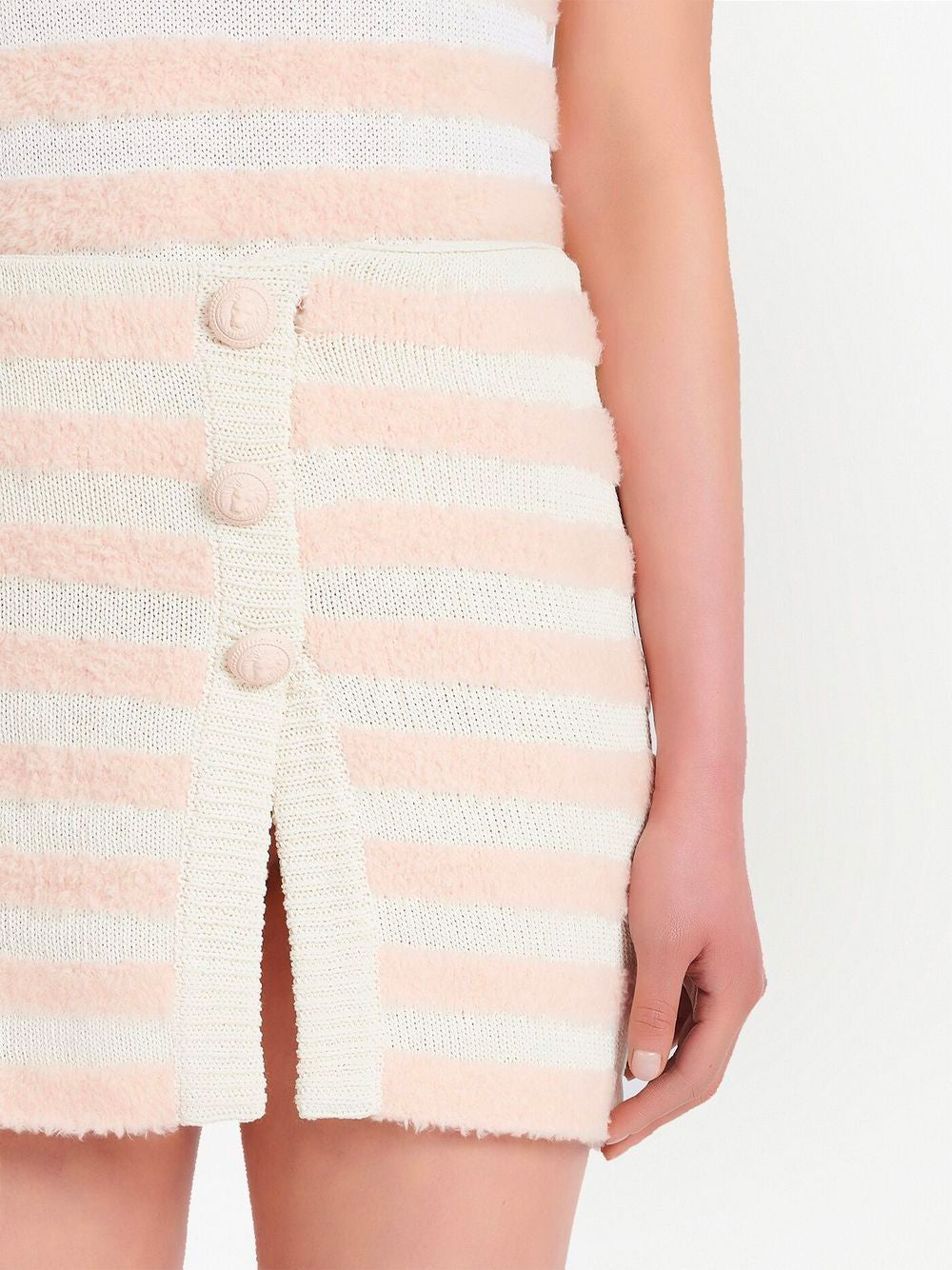 BALMAIN WOMEN Striped Knitted Button-up Skirt Pink White