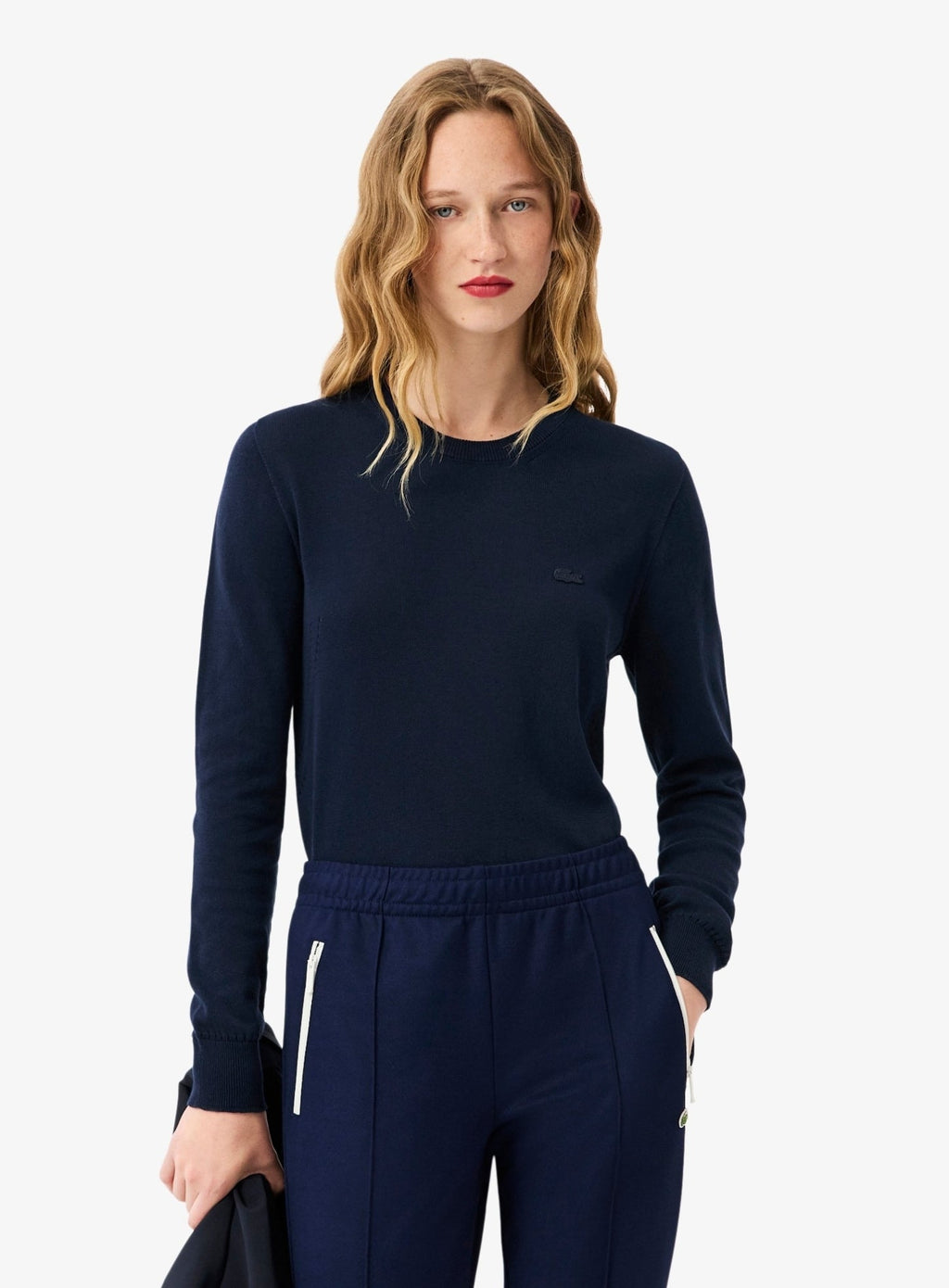 LACOSTE WOMEN 3D Knit Crew Neck Sweater Midnight Blue