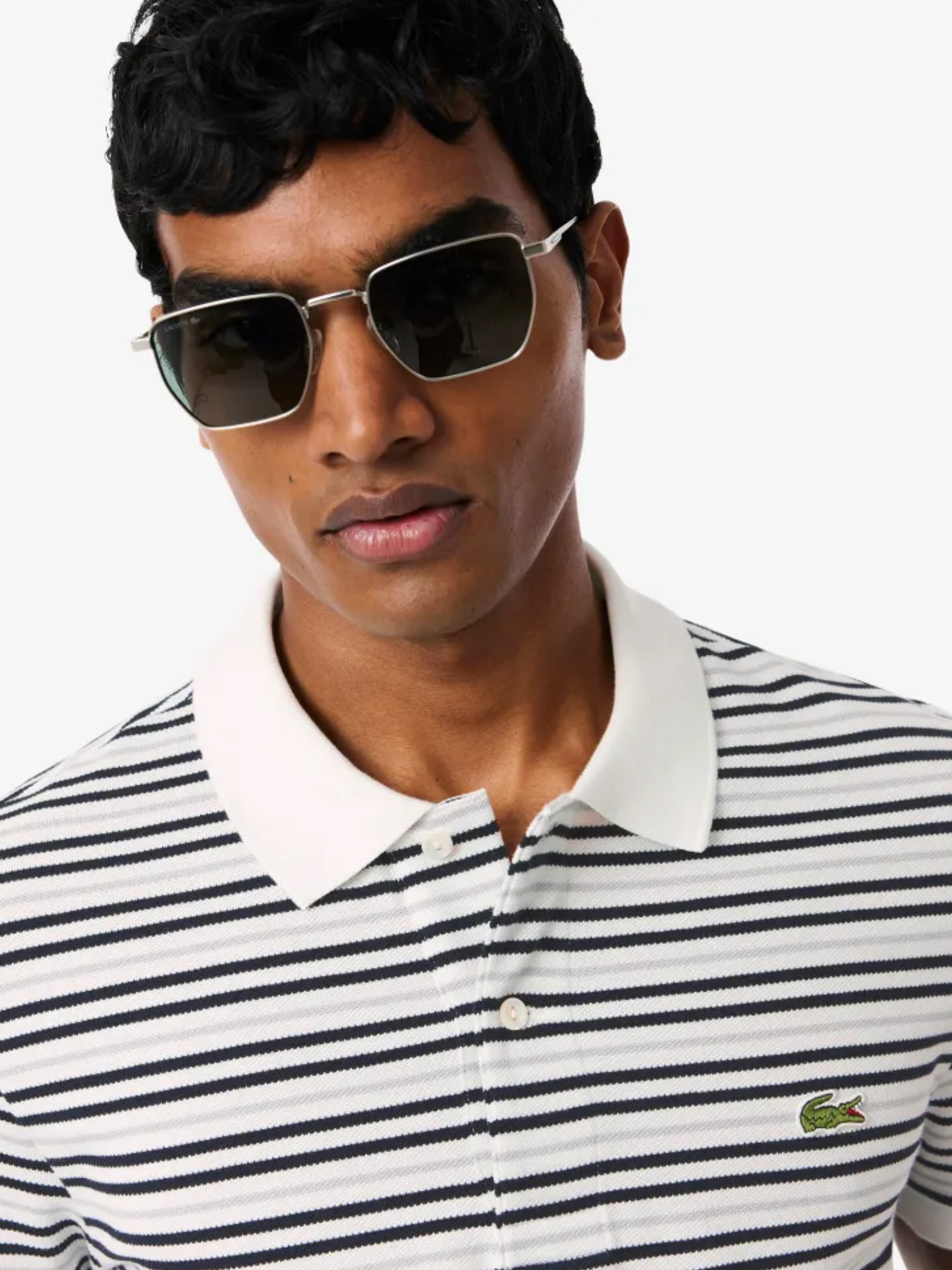 LACOSTE Classic Fit Striped Petit Pique Polo Shirt White/Black