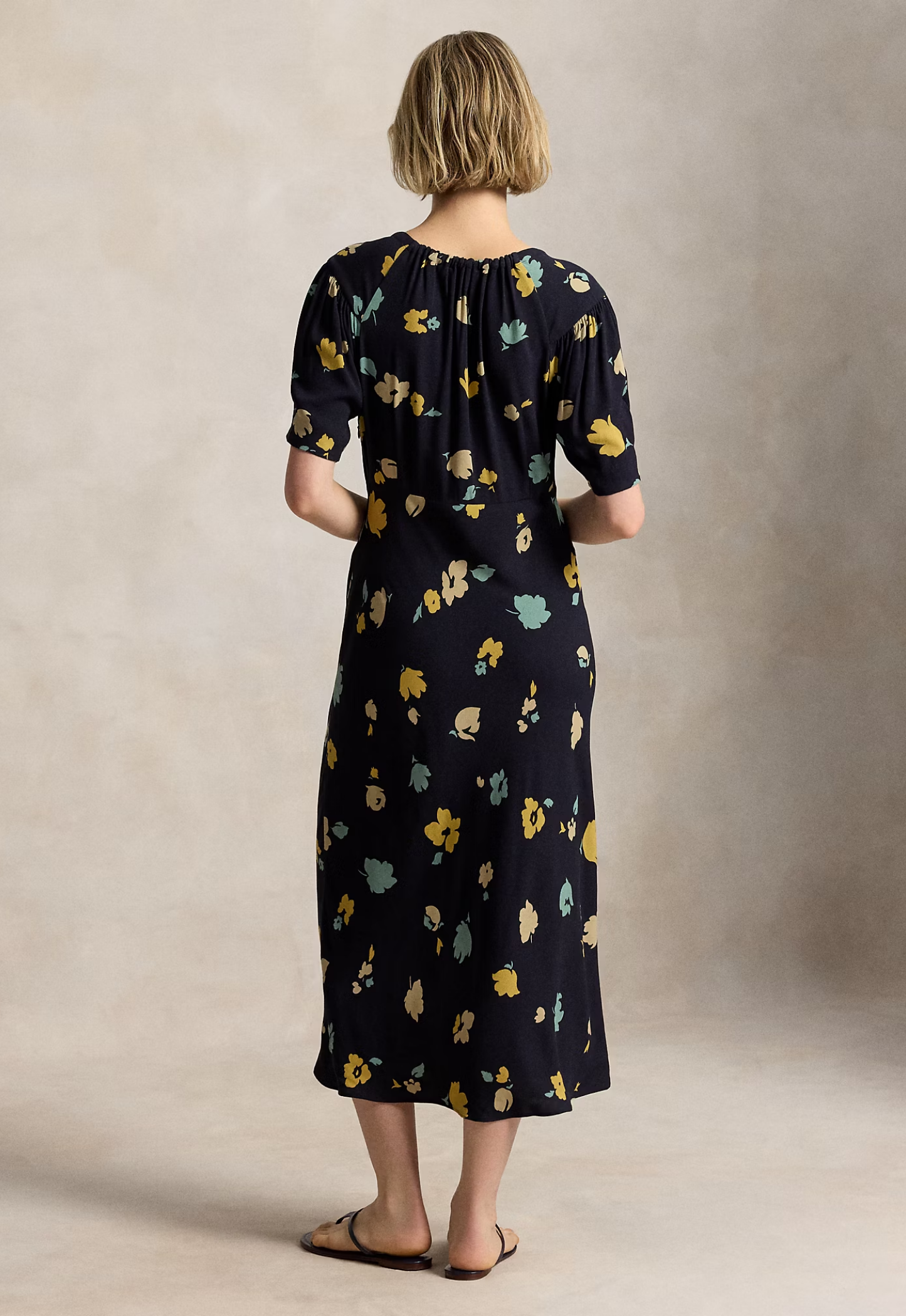 RALPH LAUREN WOMENS Floral-Print Crepe Dress Tulip Navy/Yellow Multi