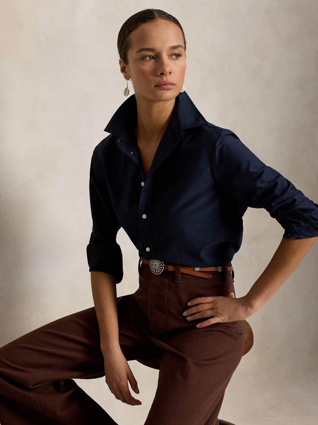 RALPH LAUREN WOMEN Relaxed Fit Cotton-Silk Shirt Hunter Navy