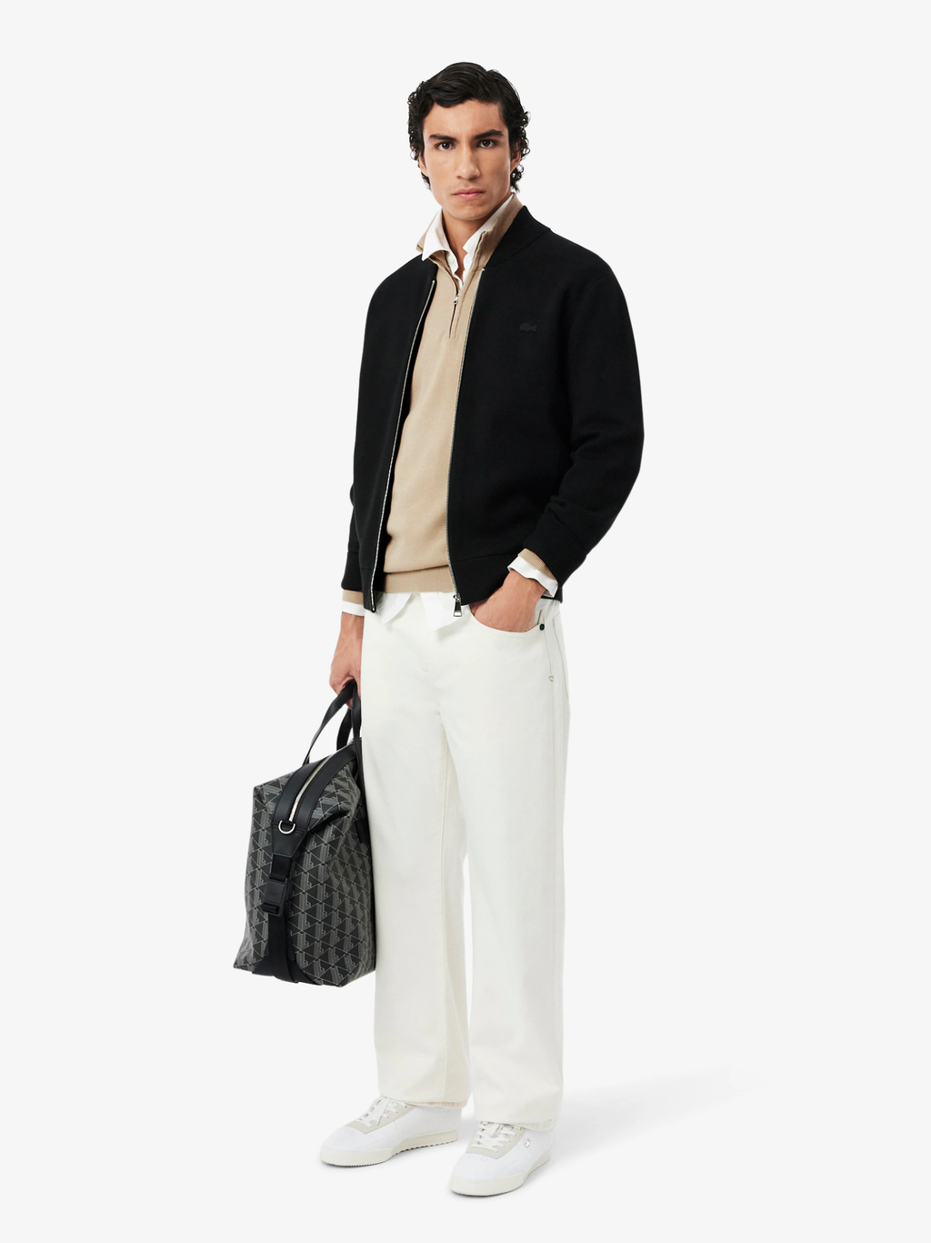 LACOSTE Zipped High Neck Cotton Sweater Beige