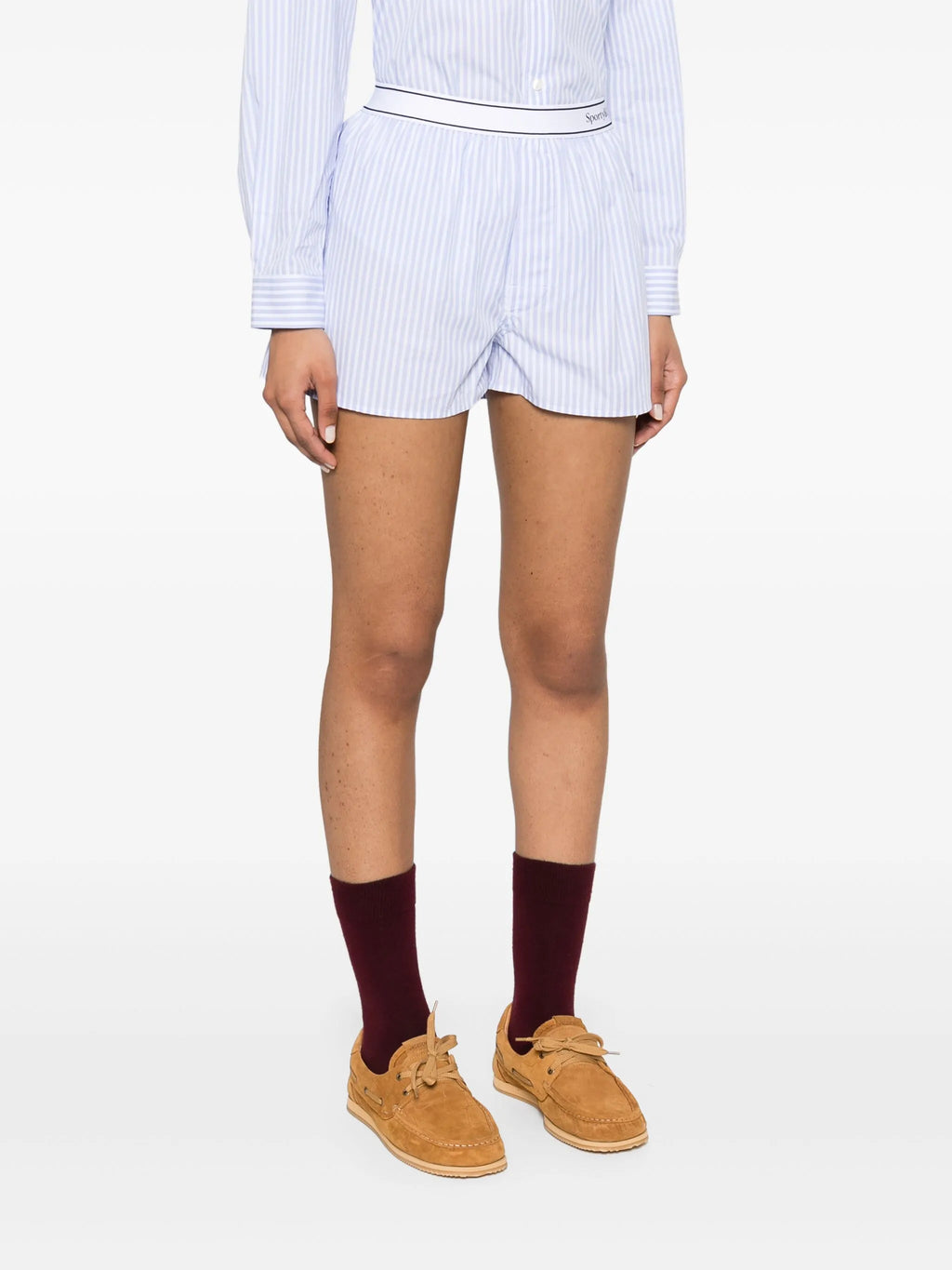 SPORTY & RICH WOMEN Serif Logo Boxer Shorts Light Blue Striped/White