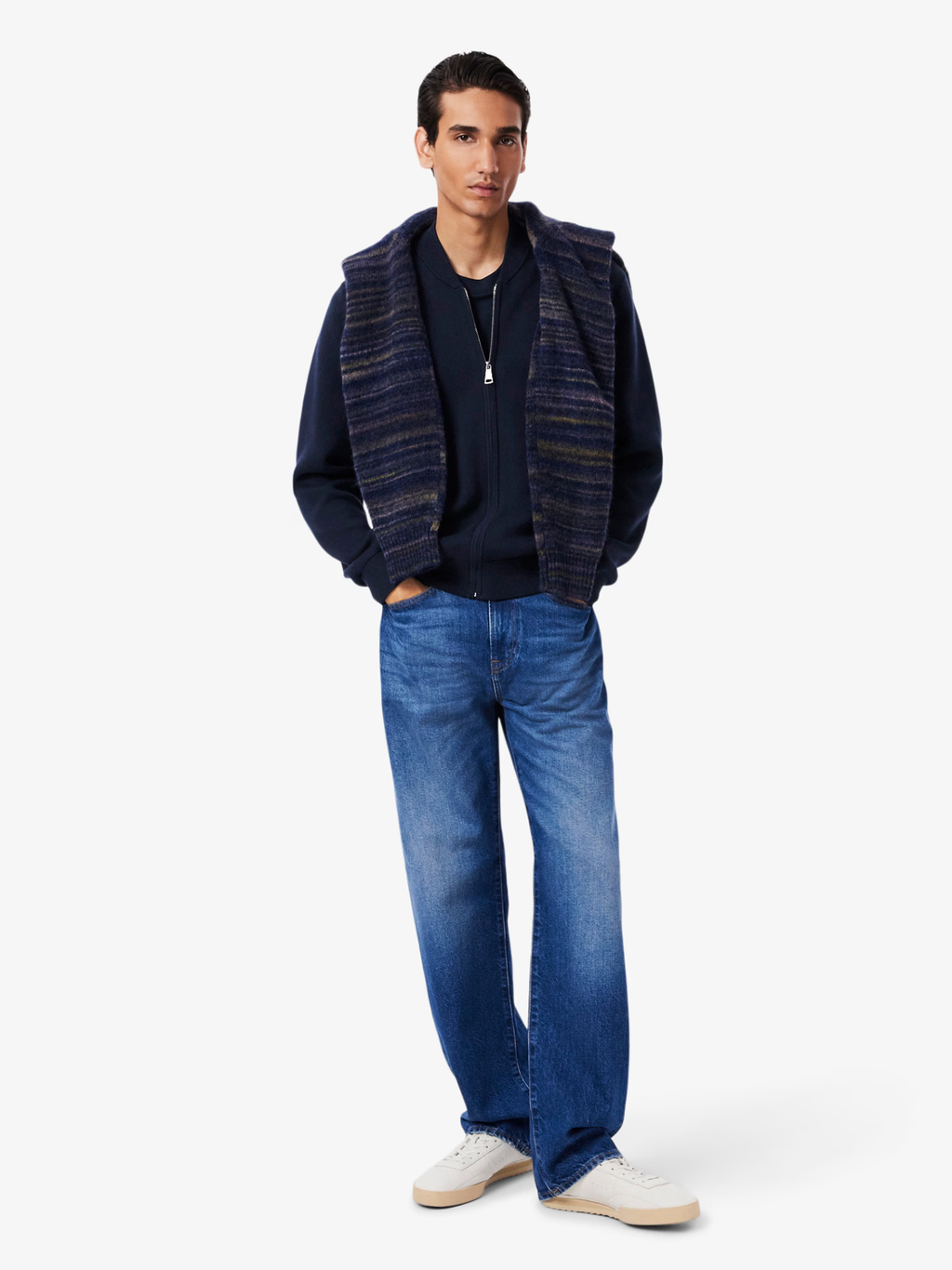 LACOSTE Cotton and Wool Knit Bomber Jacket Midnight Blue
