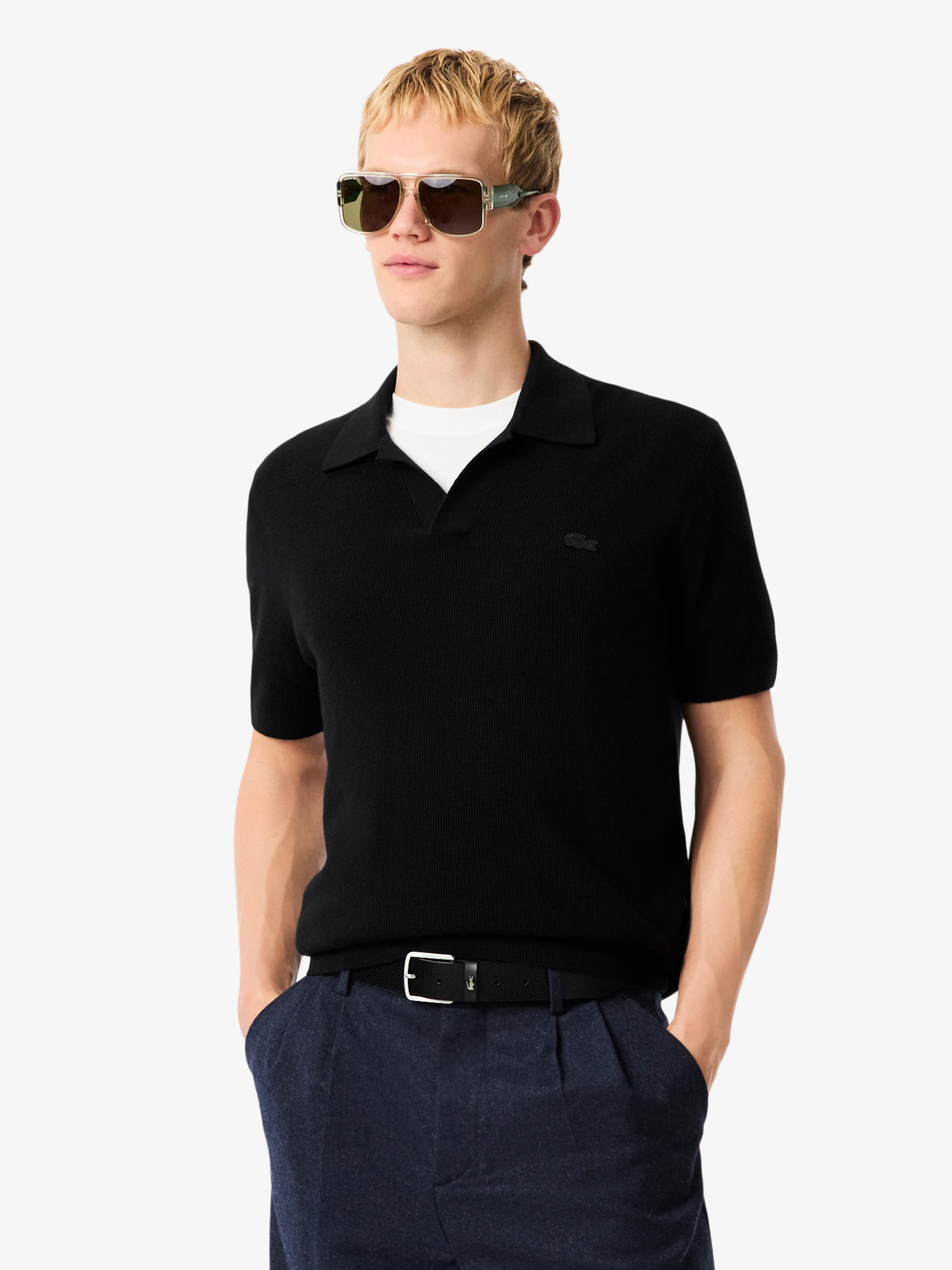 LACOSTE Cotton Blend Open Polo Collar Sweater Black