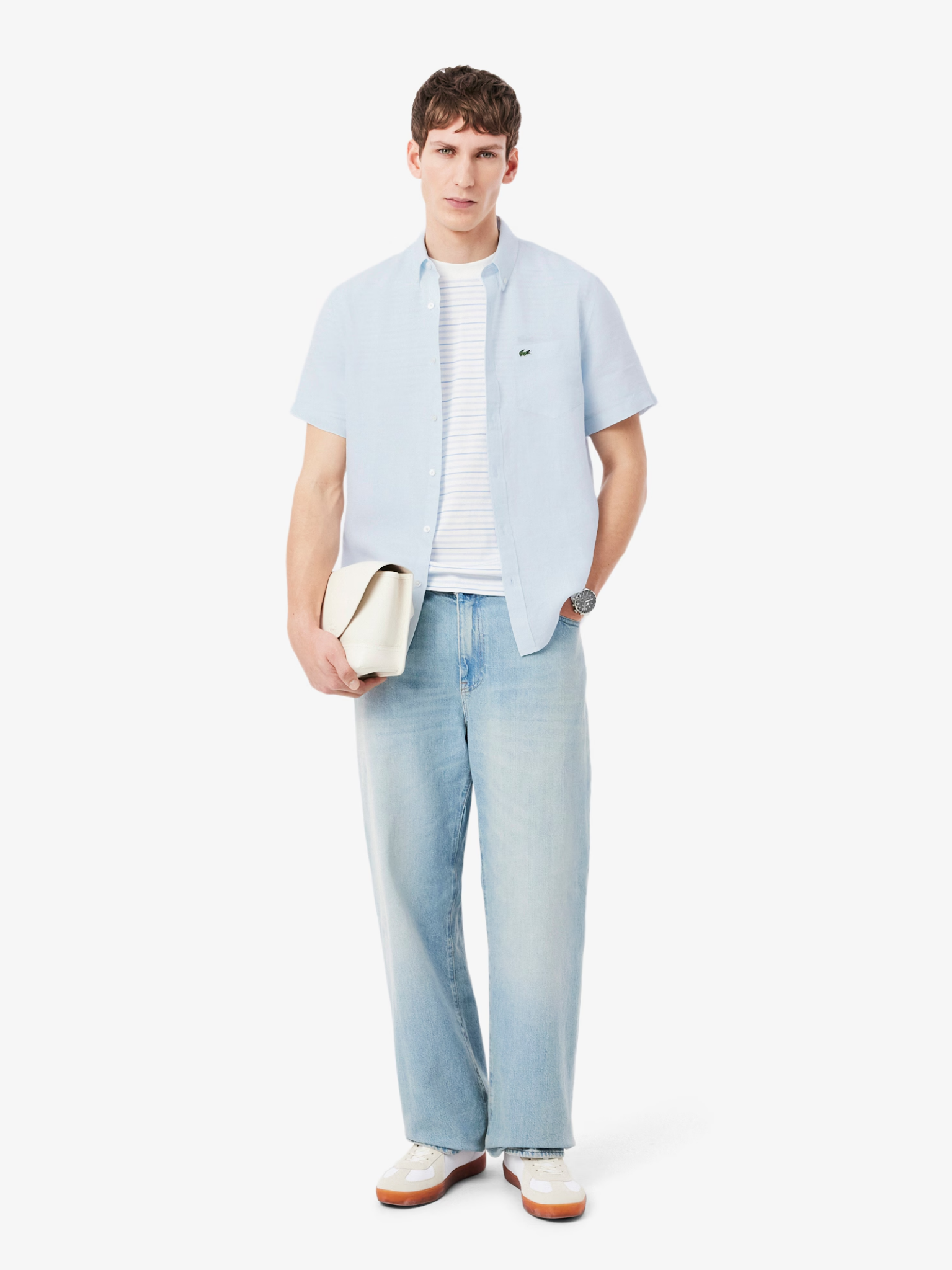 LACOSTE Short Sleeved Linen Shirt Light Blue