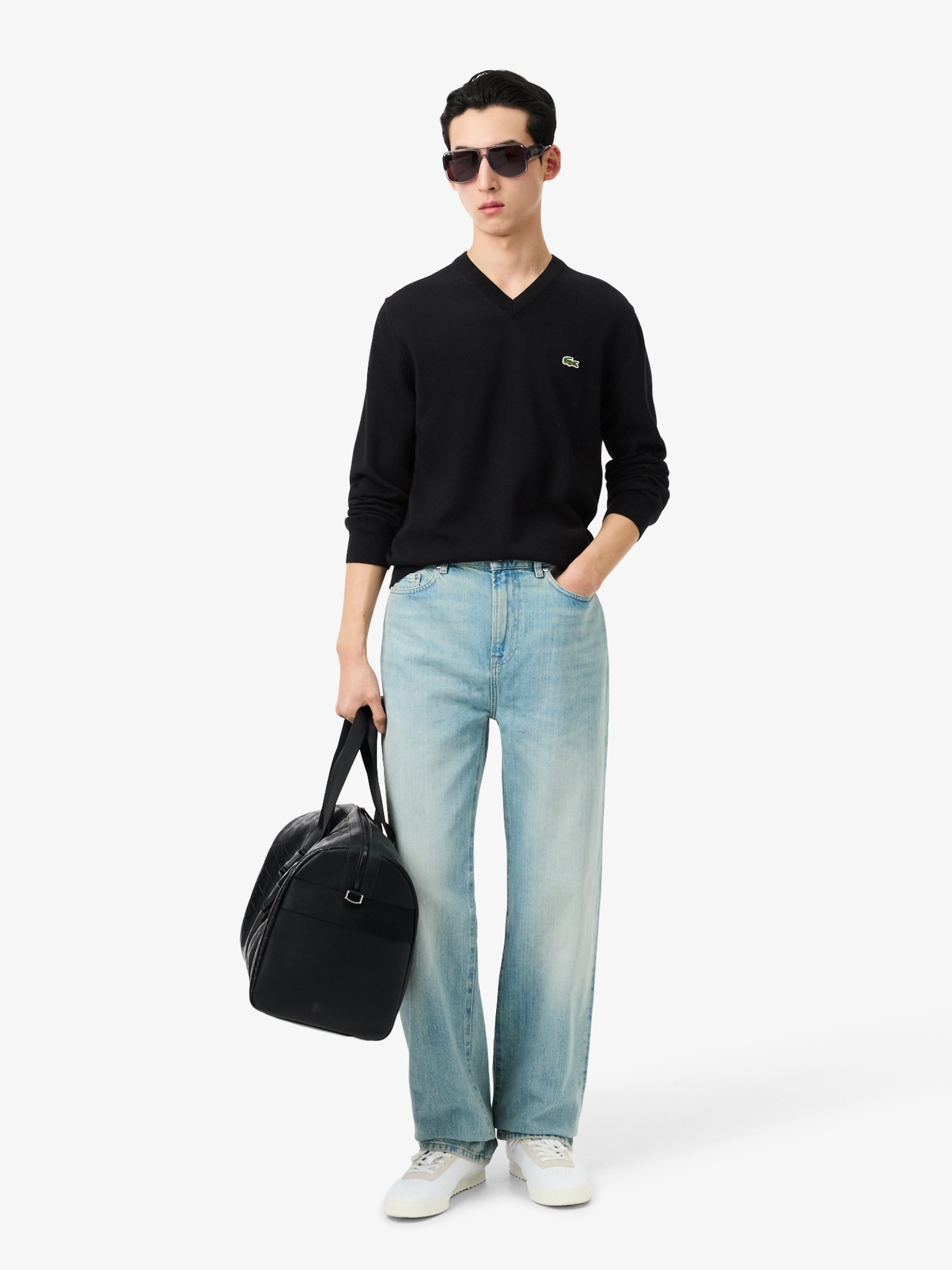 LACOSTE Monochrome Cotton V-neck Sweater Black