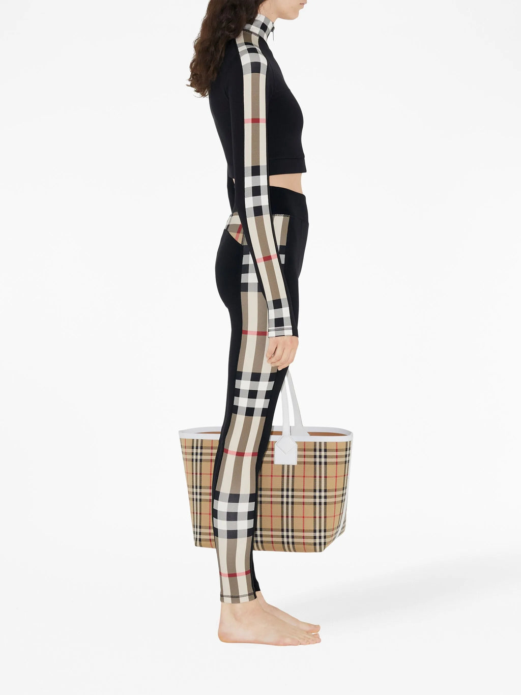 BURBERRY WOMEN Cropped Check Trim Stretch Jersey Zip Top Black