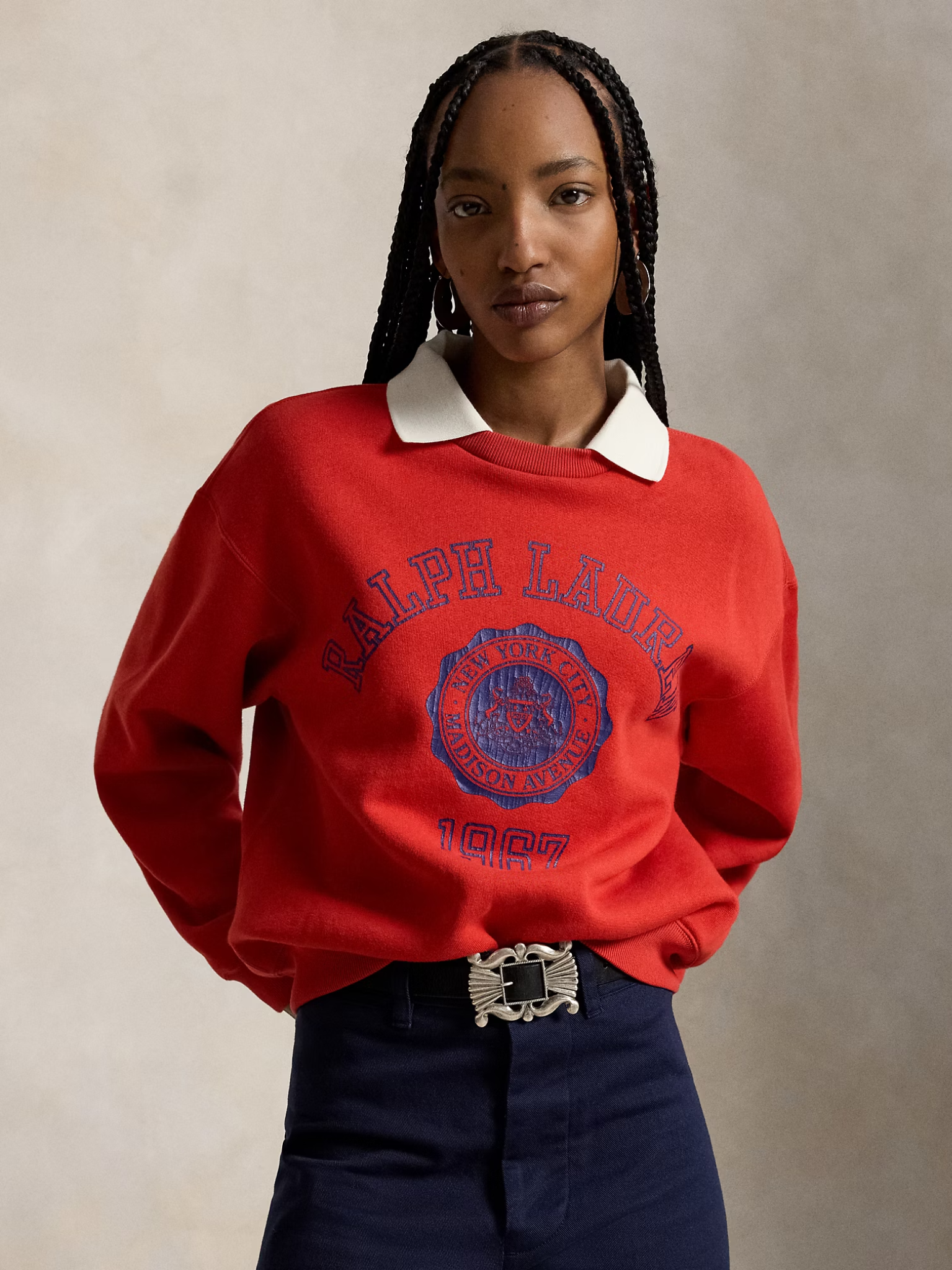 RALPH LAUREN WOMEN Crest Polo-Collar Fleece Crewneck Very Red
