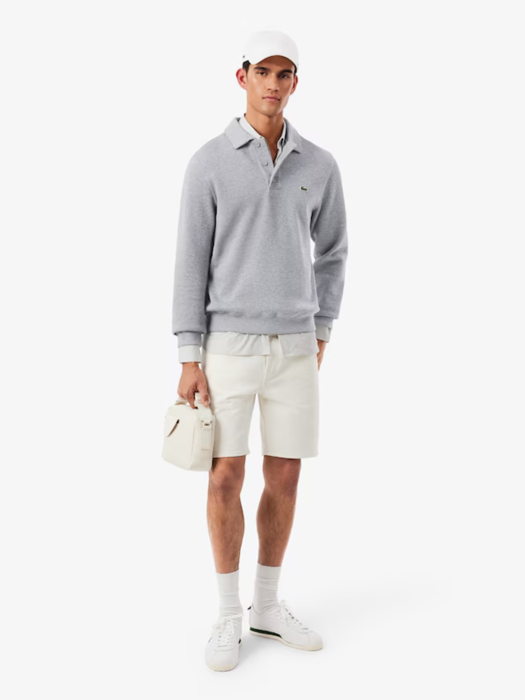 LACOSTE Ribbed Cotton Polo Collar Sweatshirt Light Heathered Grey