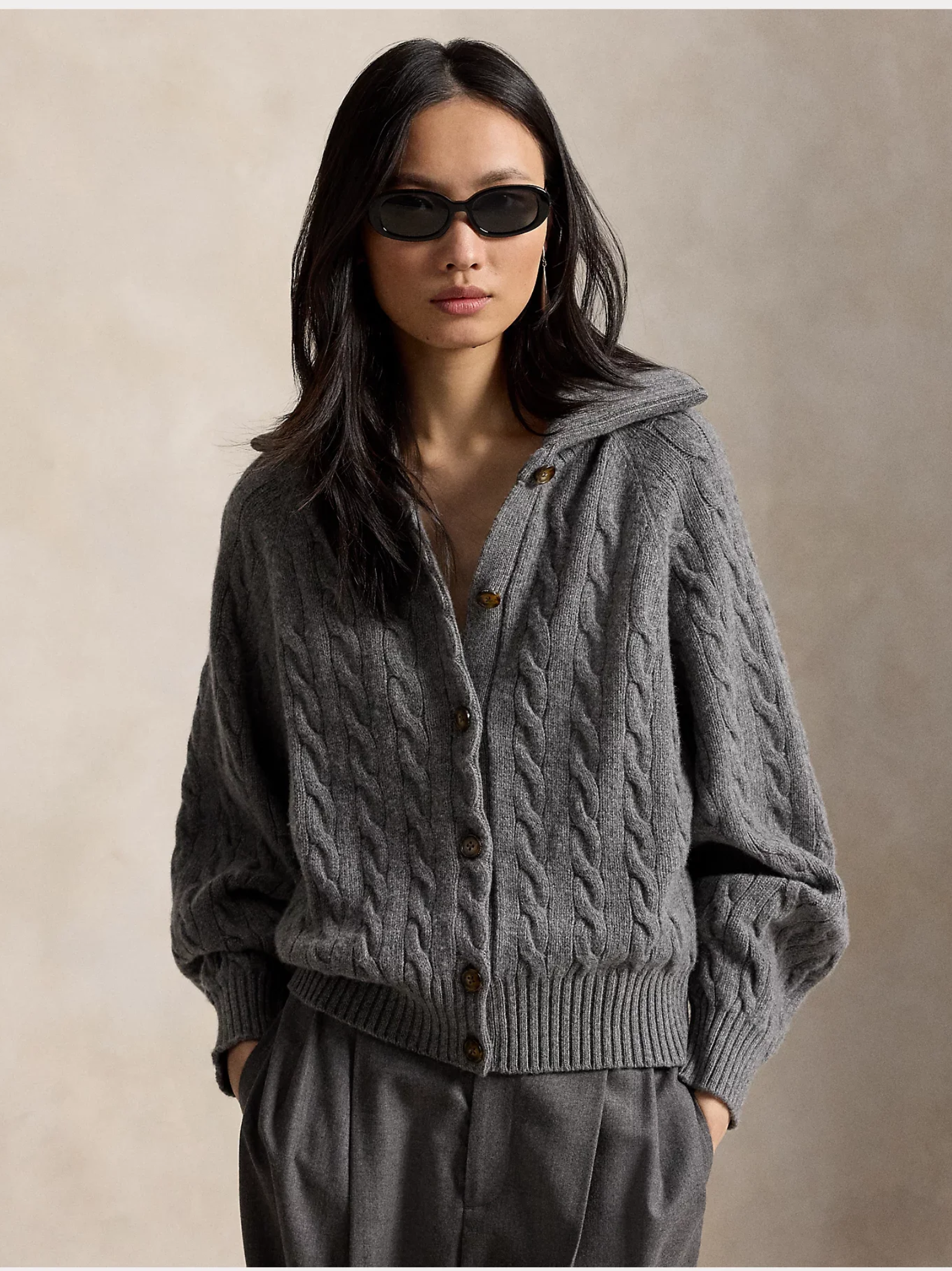 RALPH LAUREN WOMEN Cable-knit Wool Cashmere Jacket	Flannel Grey Heather