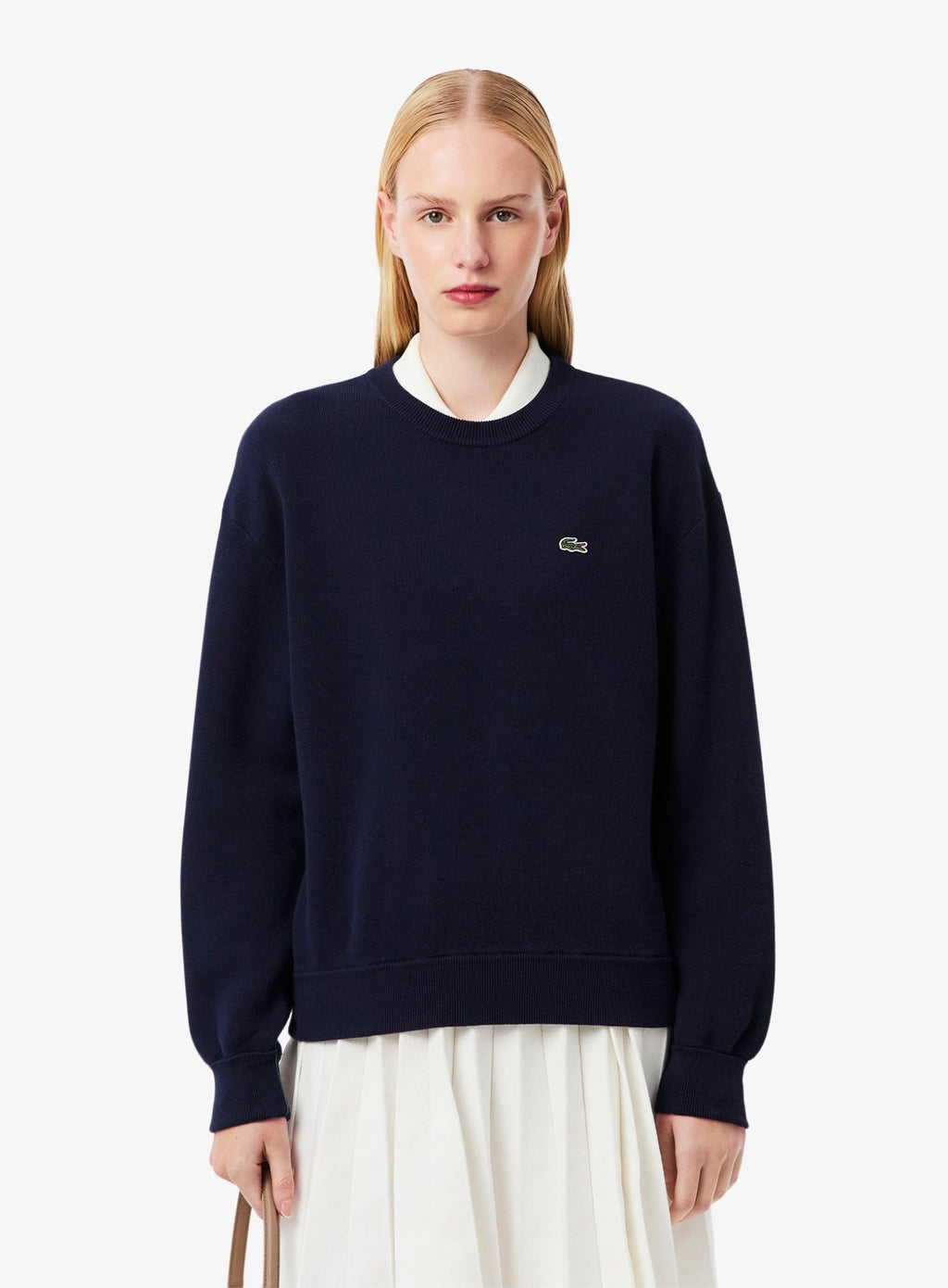 LACOSTE WOMEN Relaxed Fit Cotton Crew Neck Sweater Midnight Blue