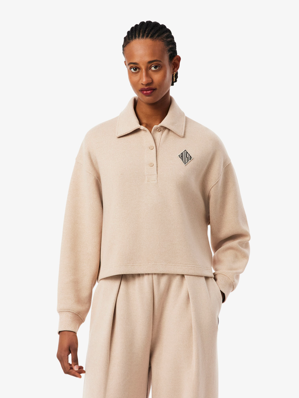 LACOSTE WOMEN Oversized Ribbed Polo Sweatshirt Brown