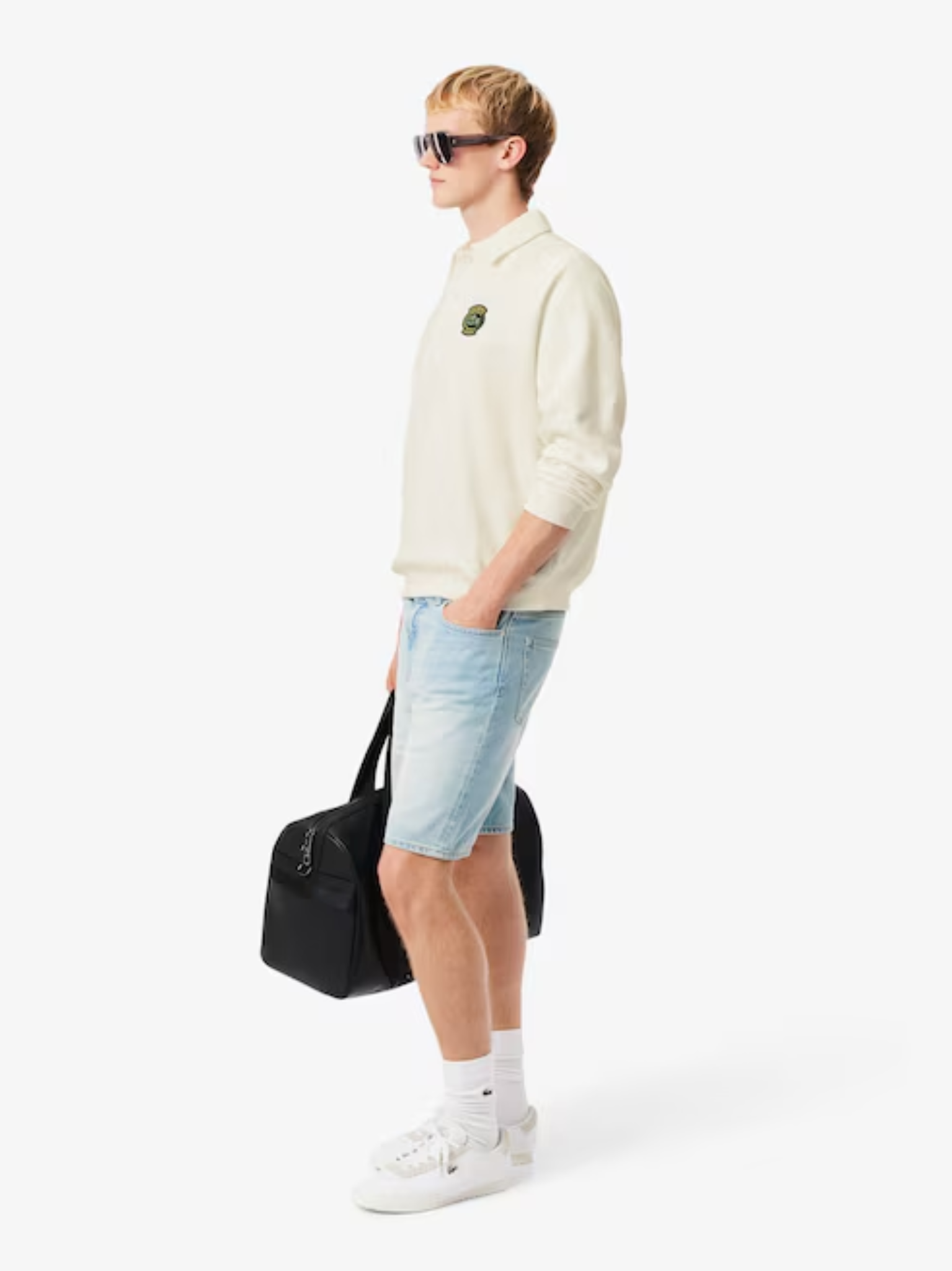 LACOSTE Loose Fit Polo Collar Fleece Sweatshirt White