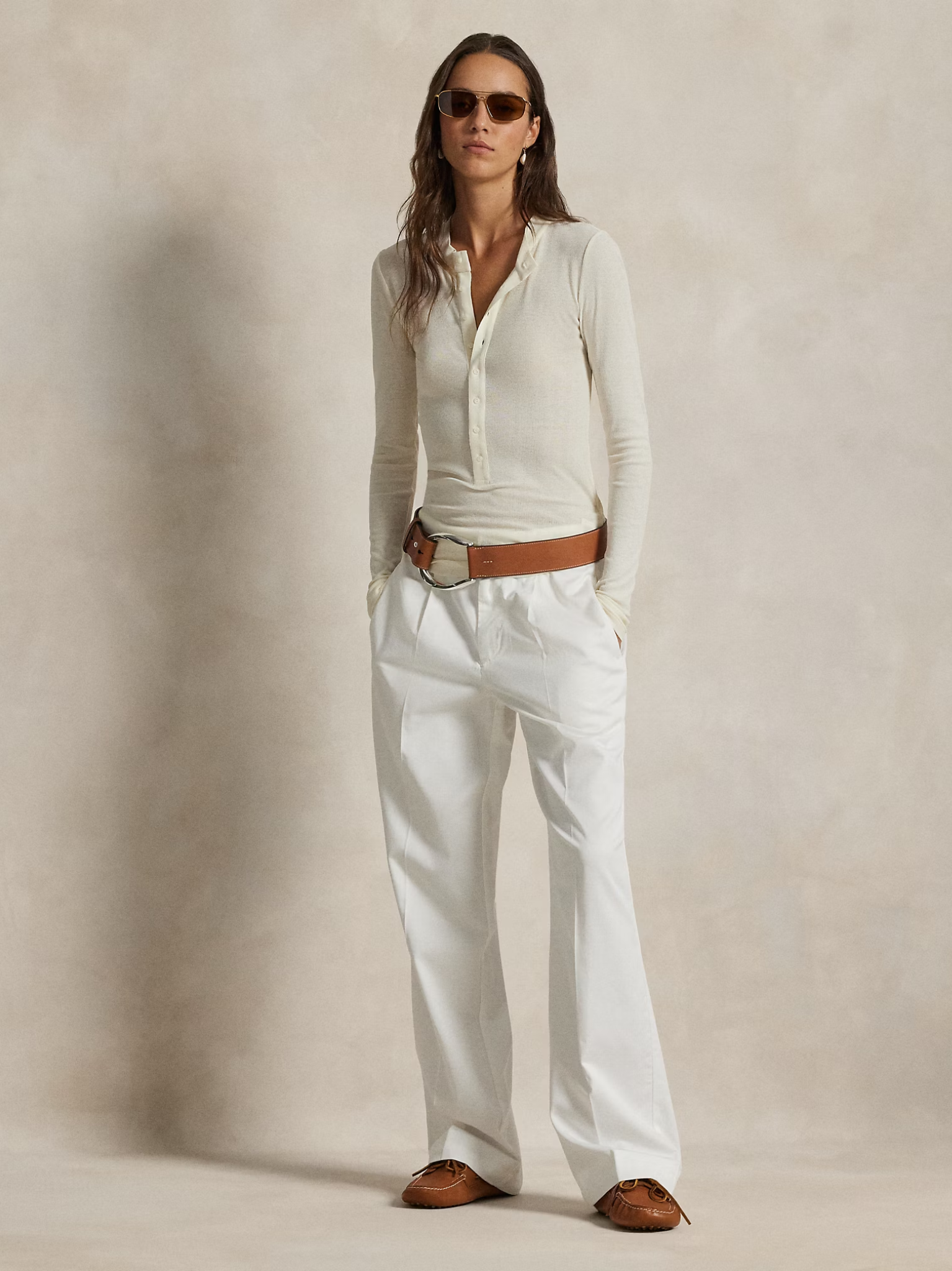 RALPH LAUREN WOMEN Pleated Cotton-Blend Relaxed Trousers Deckwash White