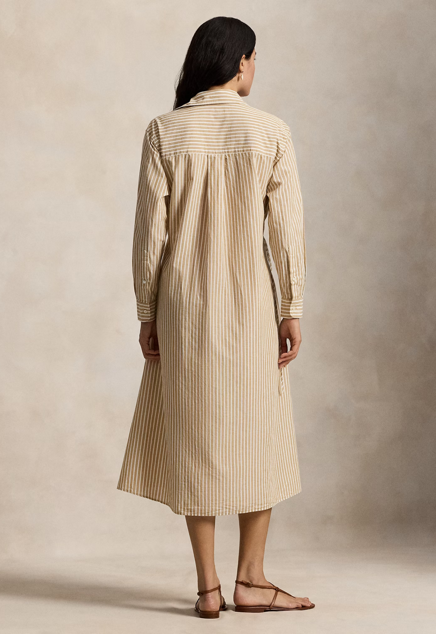RALPH LAUREN WOMENS Striped Cotton-Linen Drawcord Shirtdress Classic Camel/White