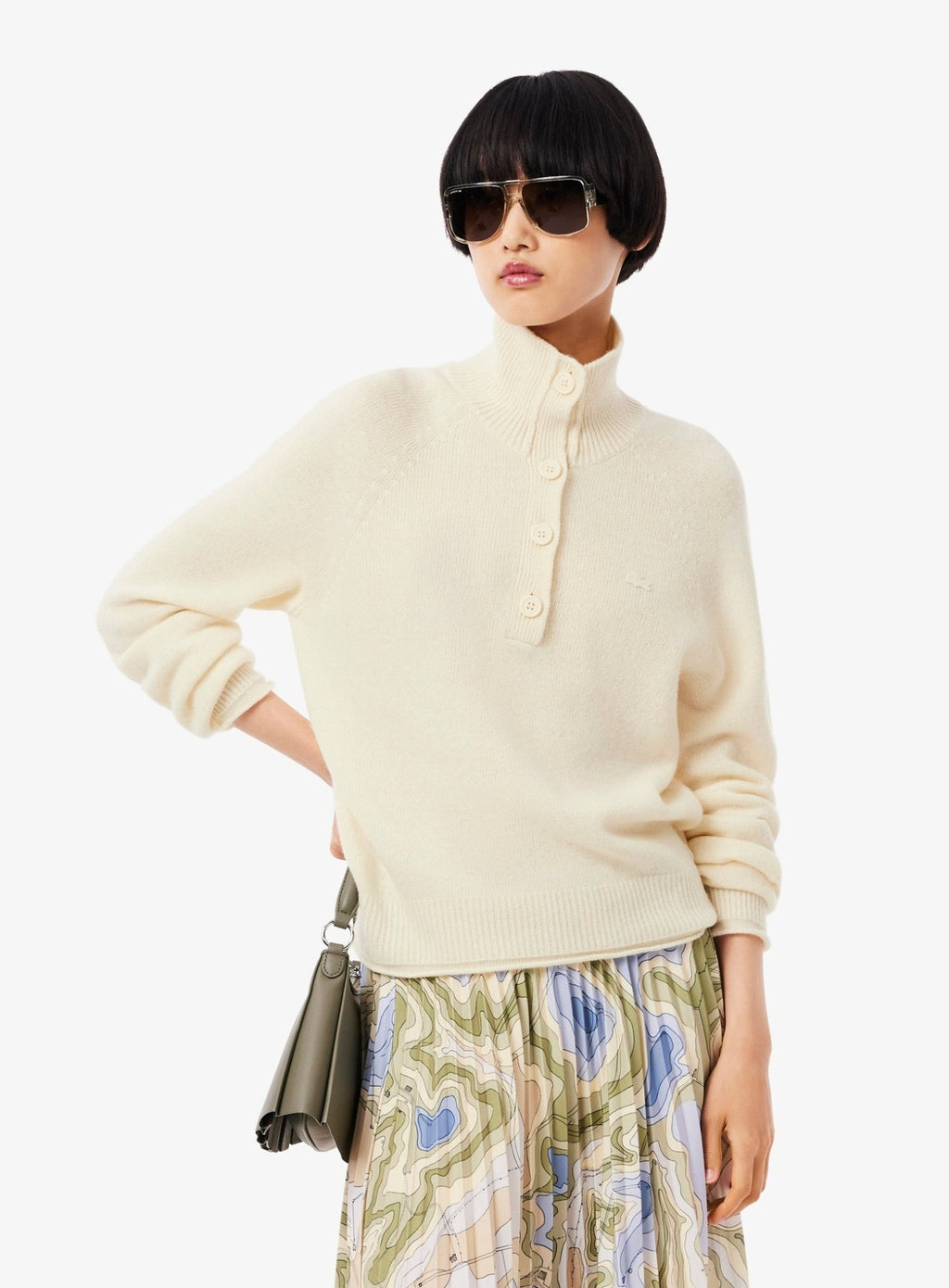 LACOSTE WOMEN Carded Wool High Neck Sweater Ecru White