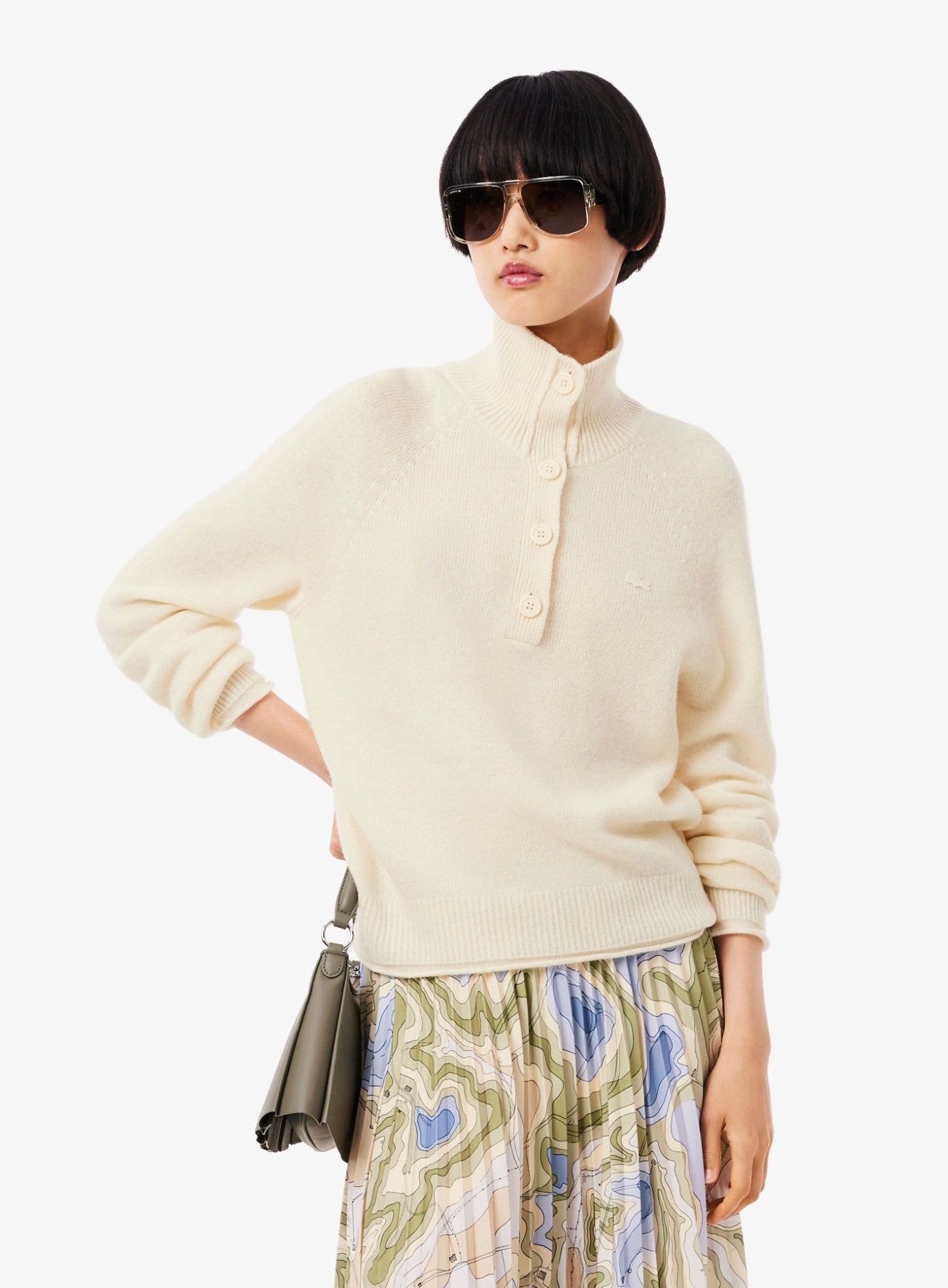 LACOSTE WOMEN Carded Wool High Neck Sweater Ecru White
