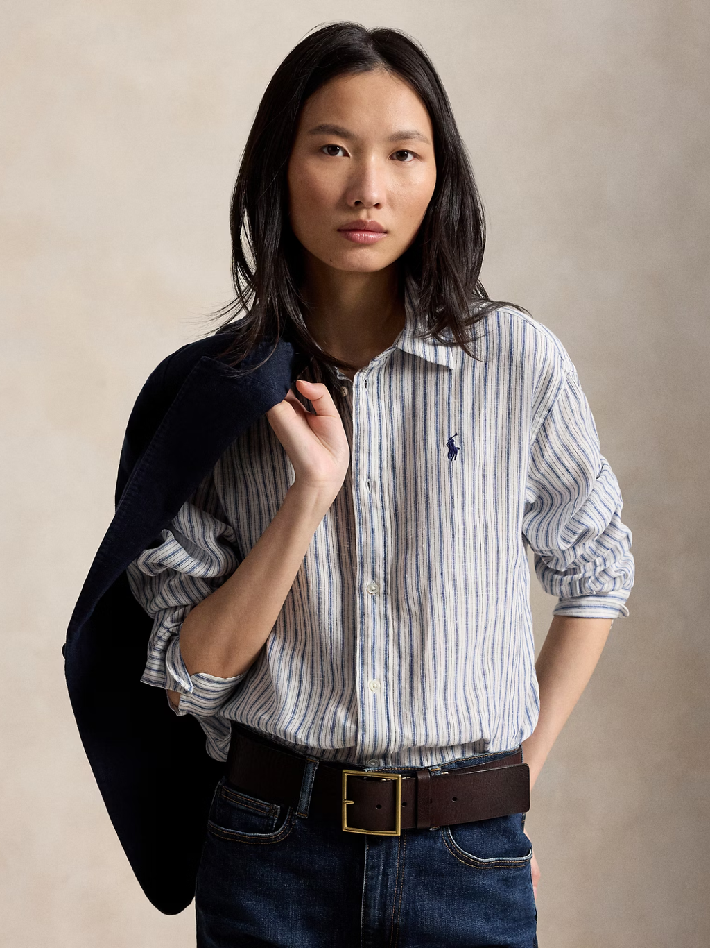 RALPH LAUREN WOMEN Wide Cropped Gingham Linen Shirt Navy Light