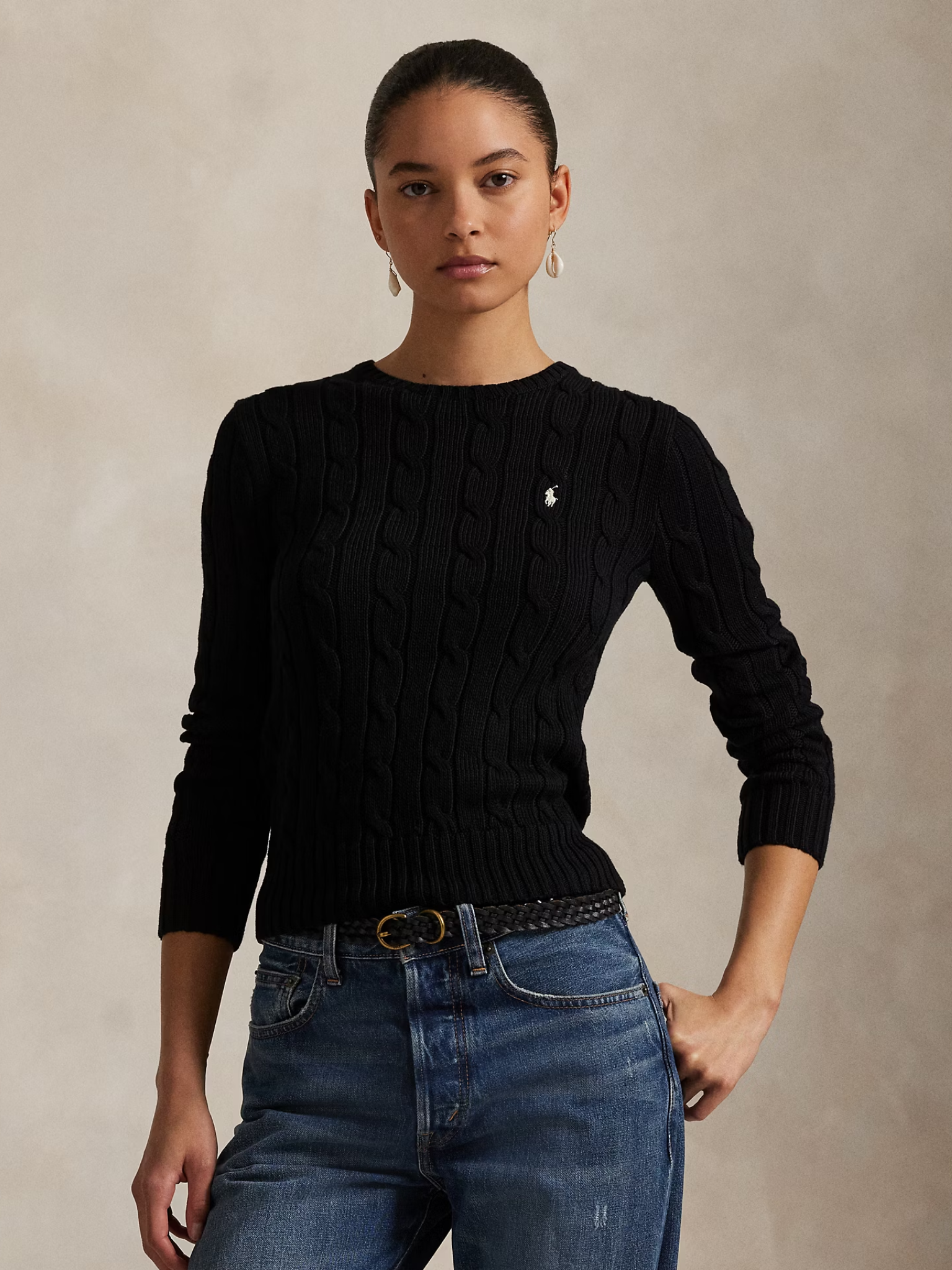 RALPH LAUREN WOMEN Cable-Knit Cotton Crewneck Jumper Polo Black