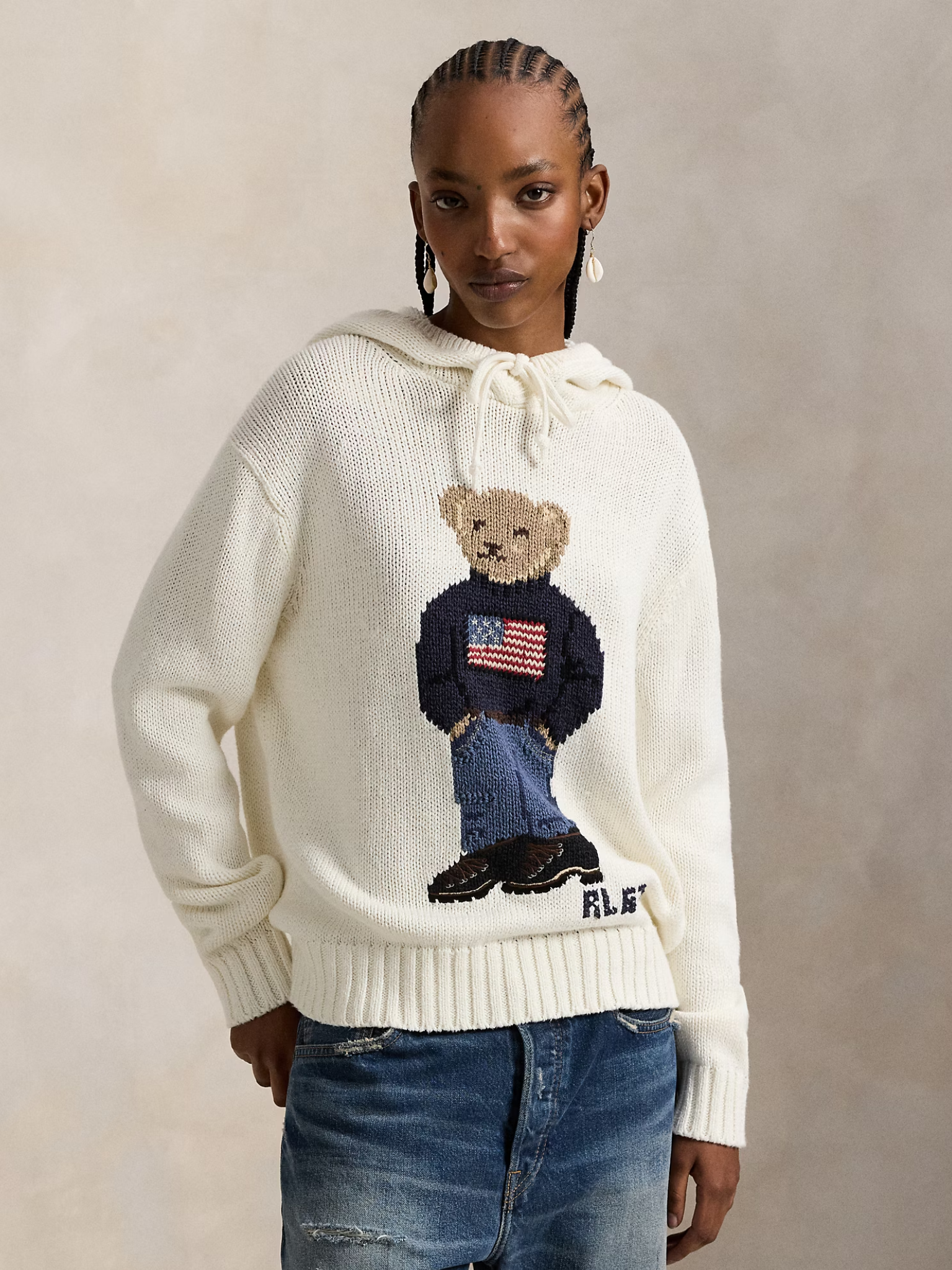 RALPH LAUREN WOMEN Polo Bear Hooded Jumper Parchment Cream
