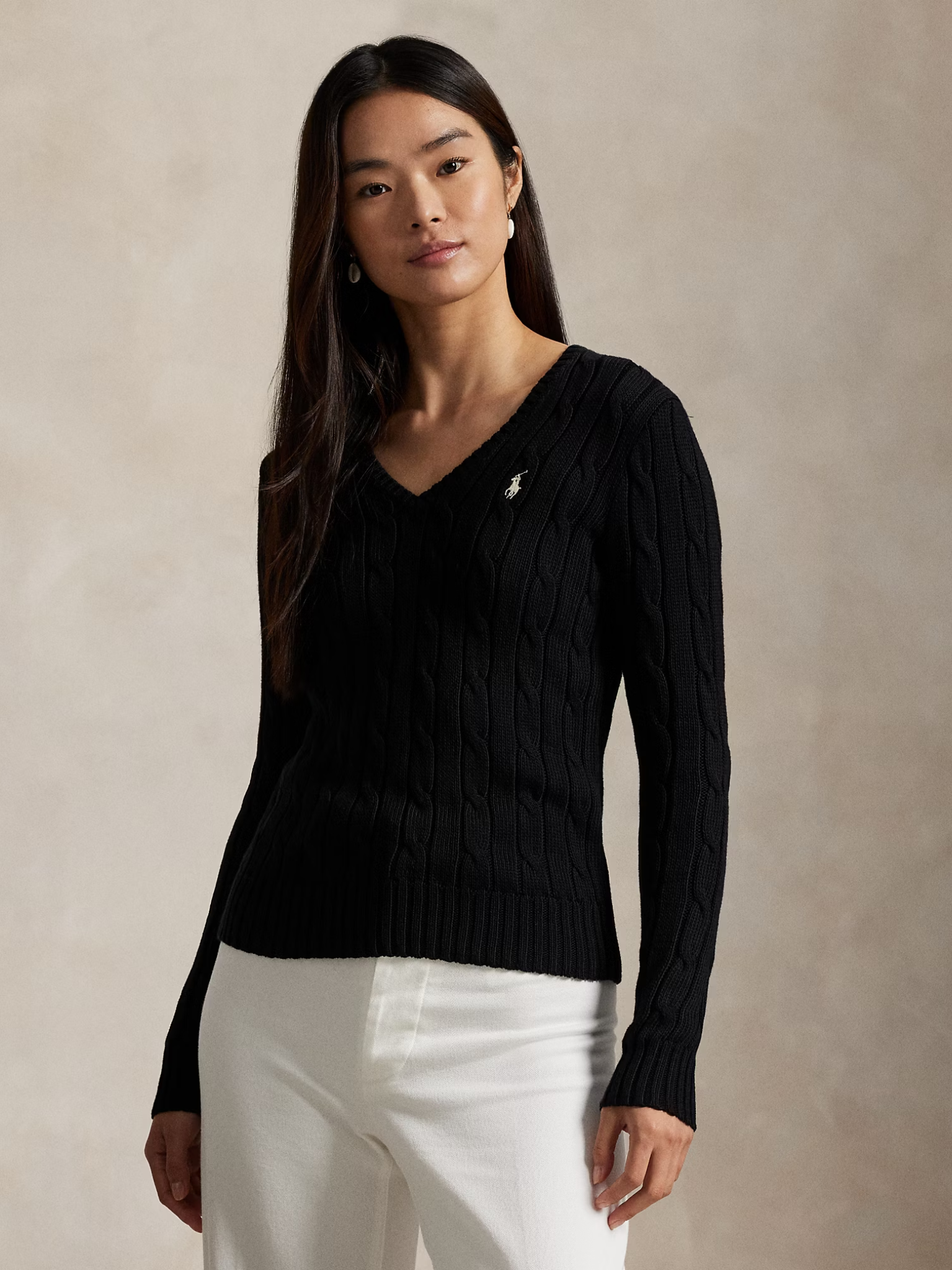 RALPH LAUREN WOMEN Cable-Knit Cotton V-Neck Jumper Polo Black