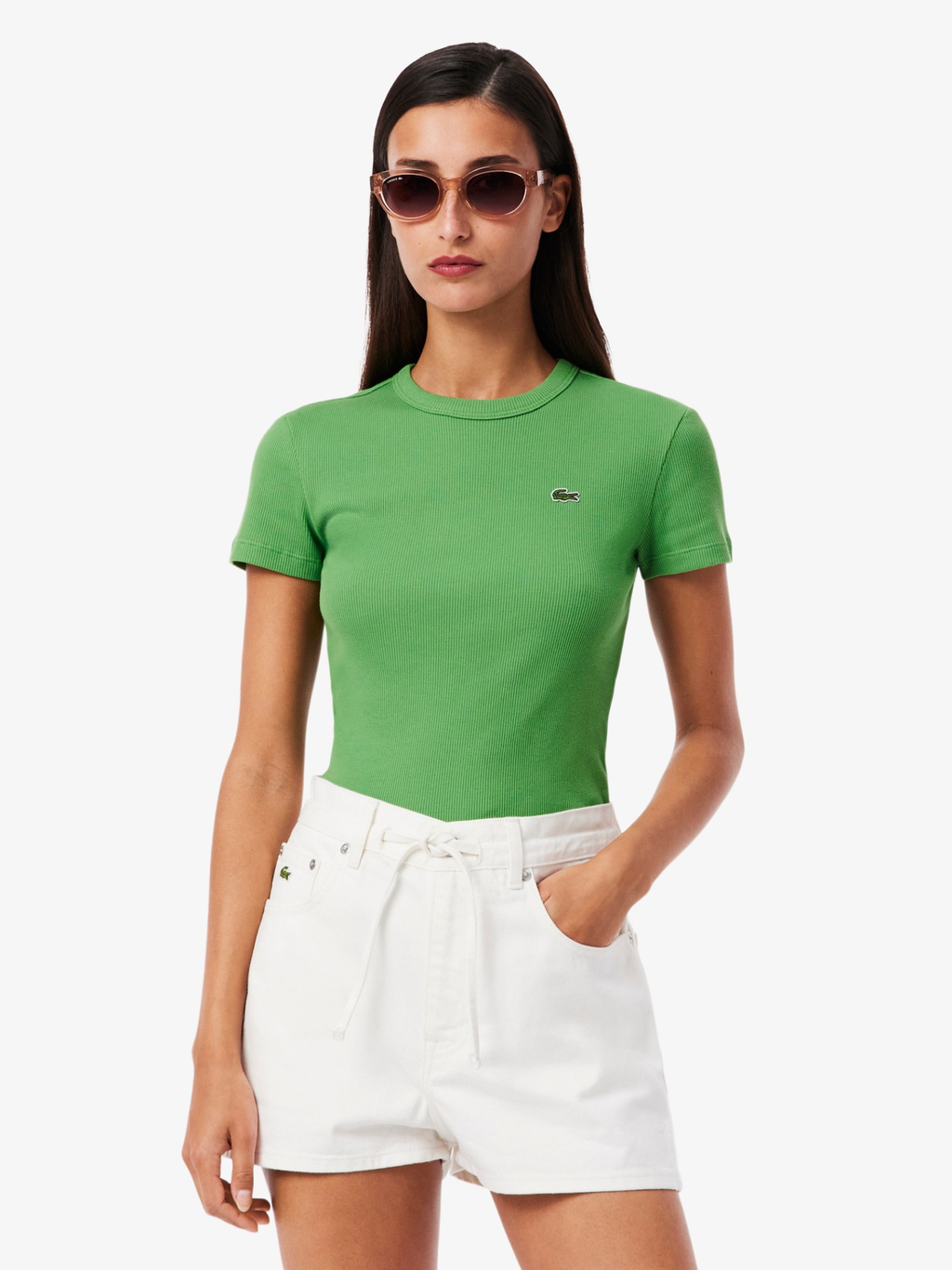 LACOSTE WOMEN Slim Fit Ribbed Cotton T-shirt Green