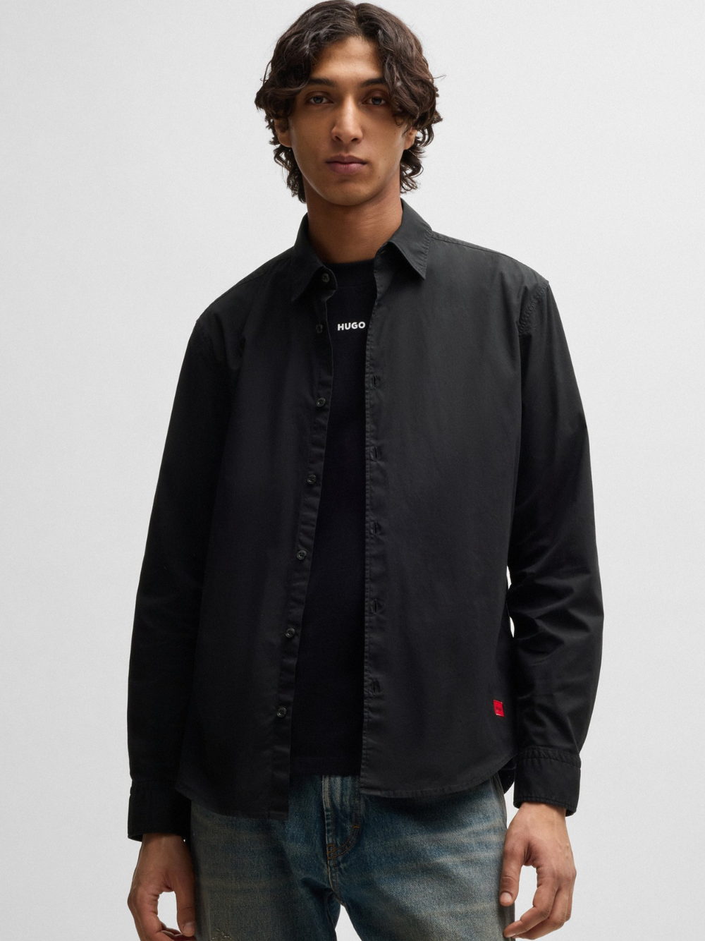 HUGO Ermo Slim-Fit Shirt In Stretch-Cotton Canvas Black