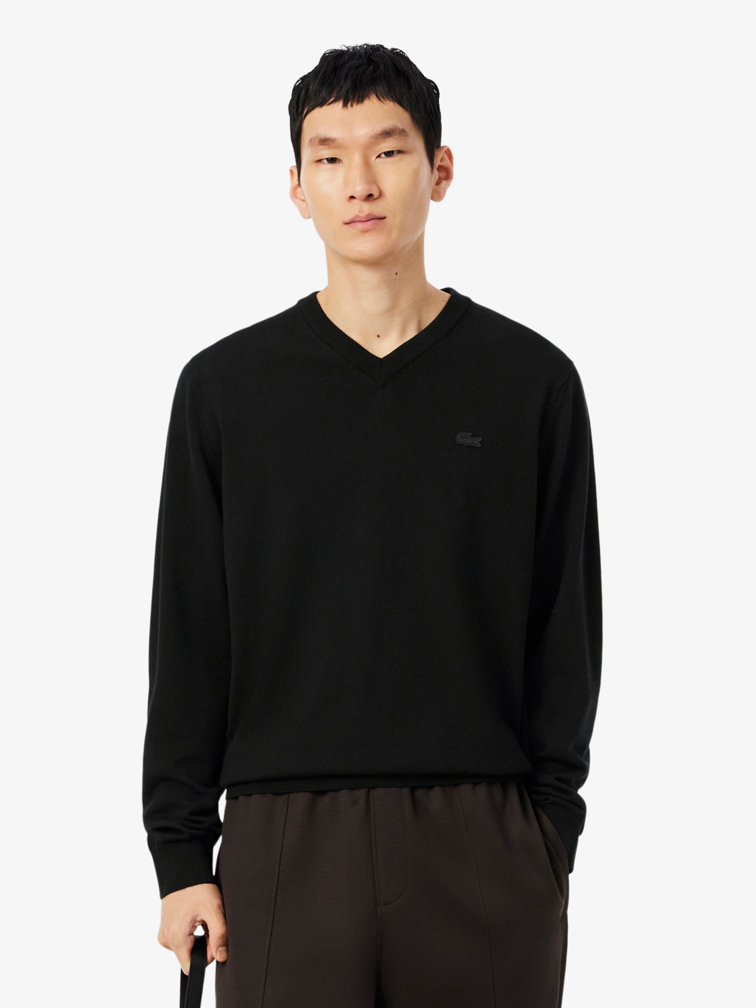 LACOSTE Merino Wool Monochrome V Neck Sweater Black
