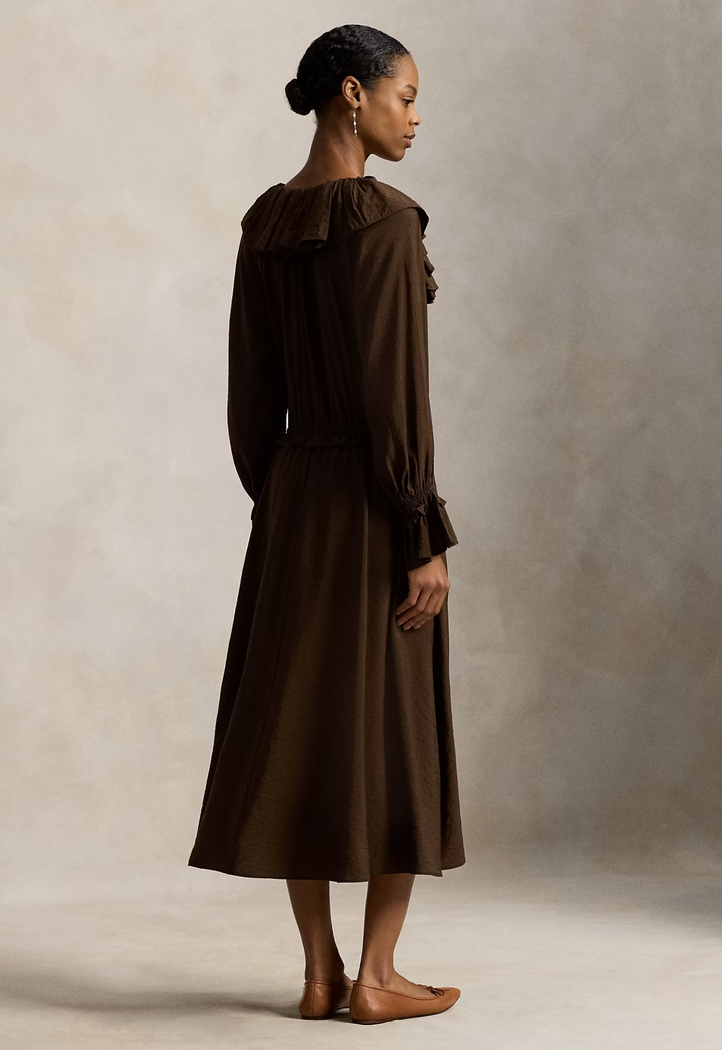 RALPH LAUREN WOMENS Ruffled Blouson Crepe Dress Dark Brown