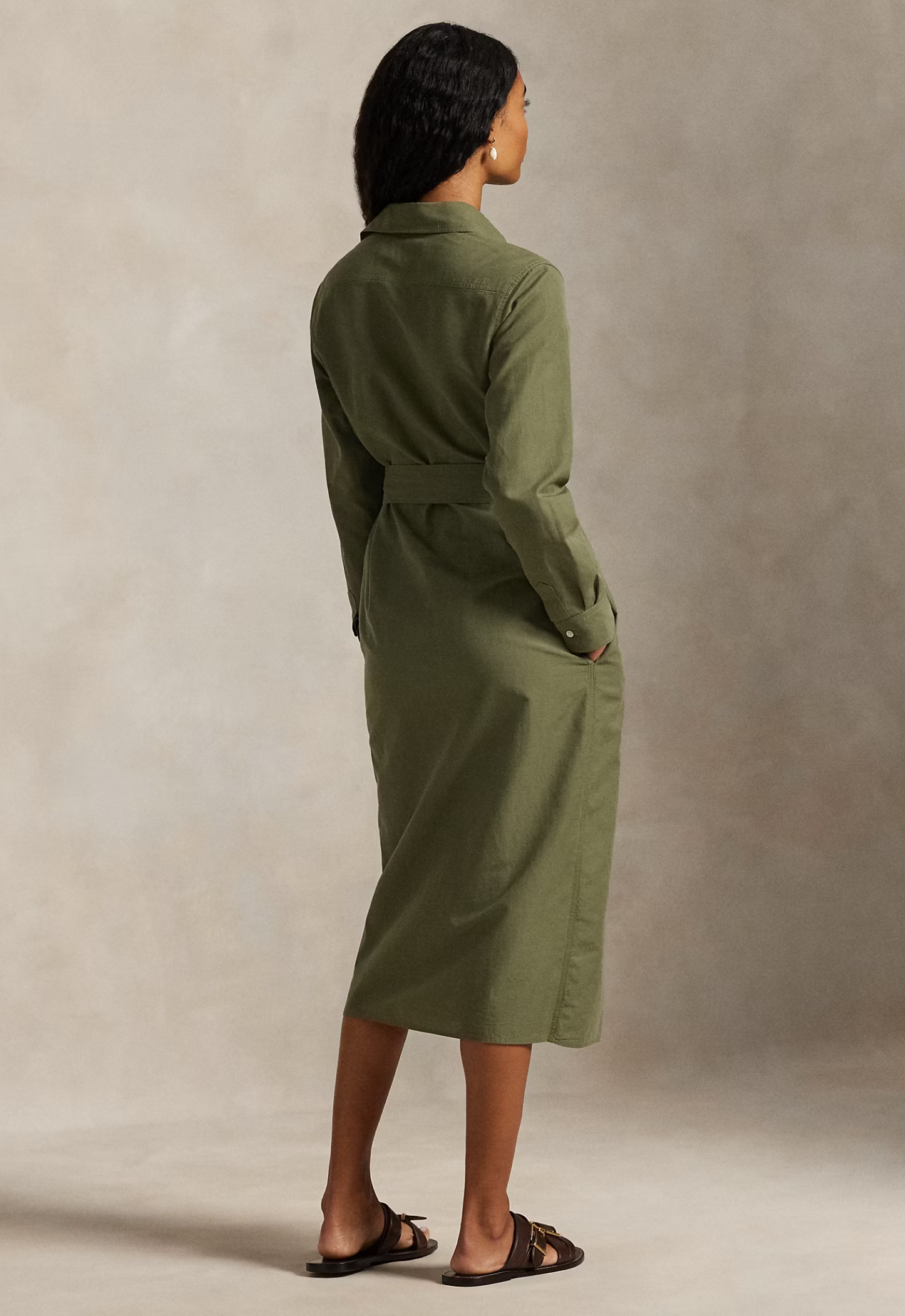 RALPH LAUREN WOMENS Cotton-Linen Belted Shirt Dress Supply Olive