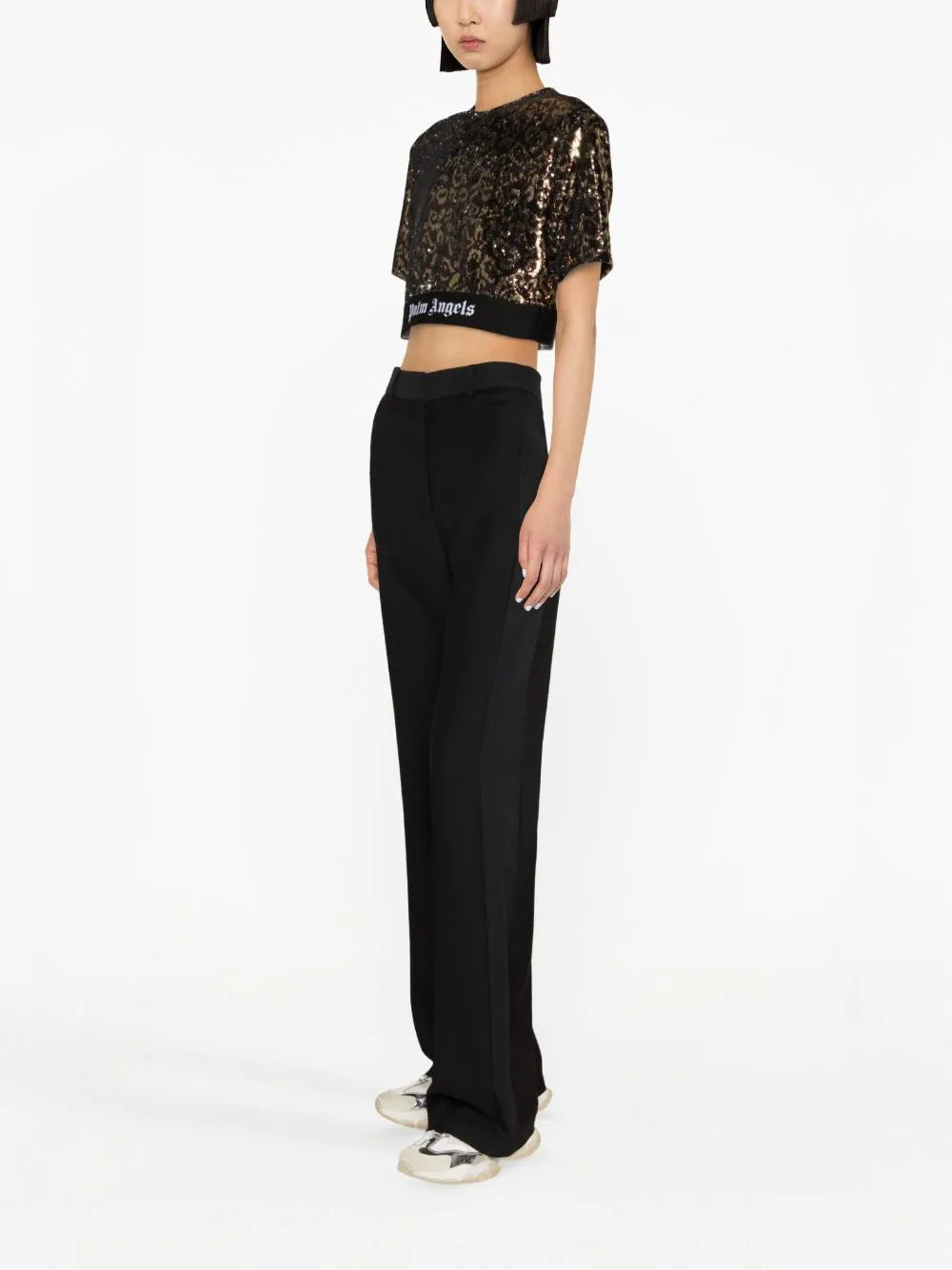 PALM ANGELS WOMEN Sequins Logo Tape Tee Brown/Black