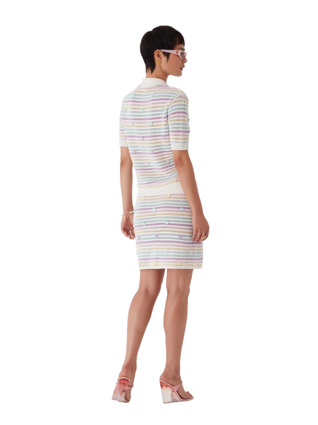 CASABLANCA WOMEN Flower Stripe Cotton Crochet Polo White/Multicolour