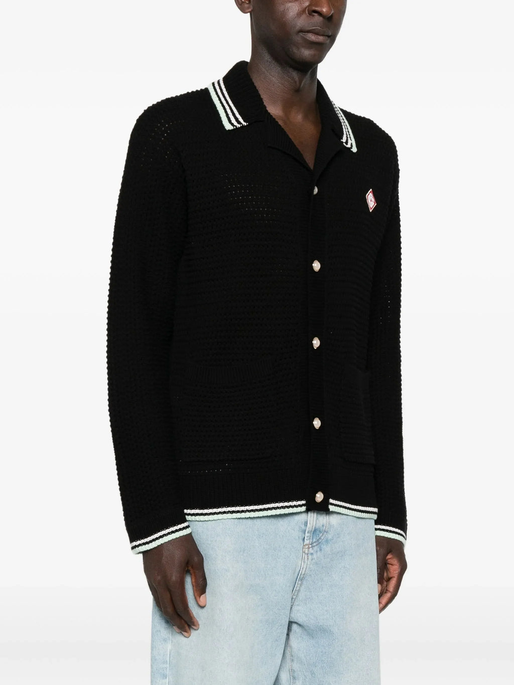 CASABLANCA Embroidered Cotton Crochet Long Sleeve Shirt Black