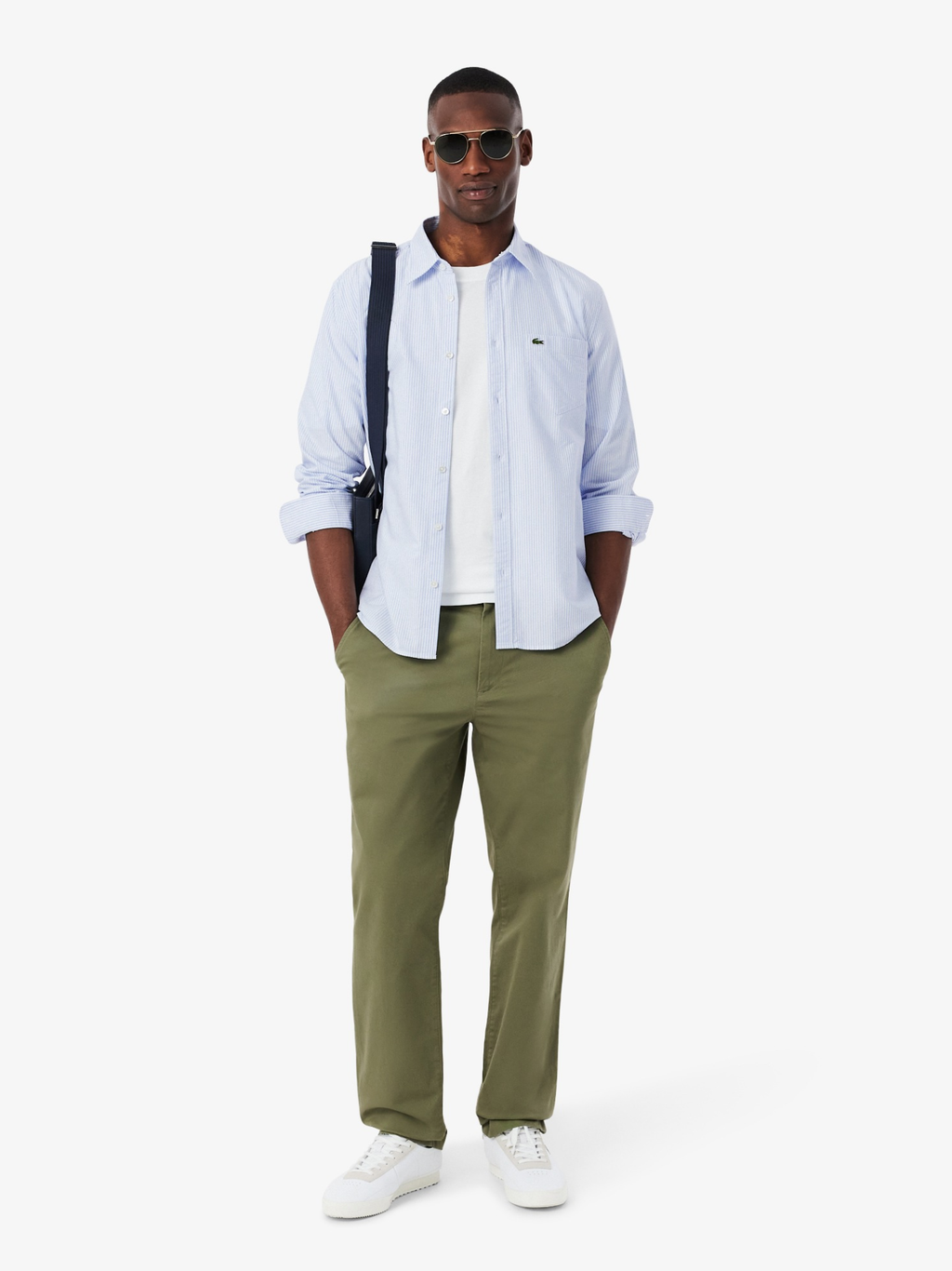 LACOSTE Regular Fit Striped Oxford Shirt Blue/White