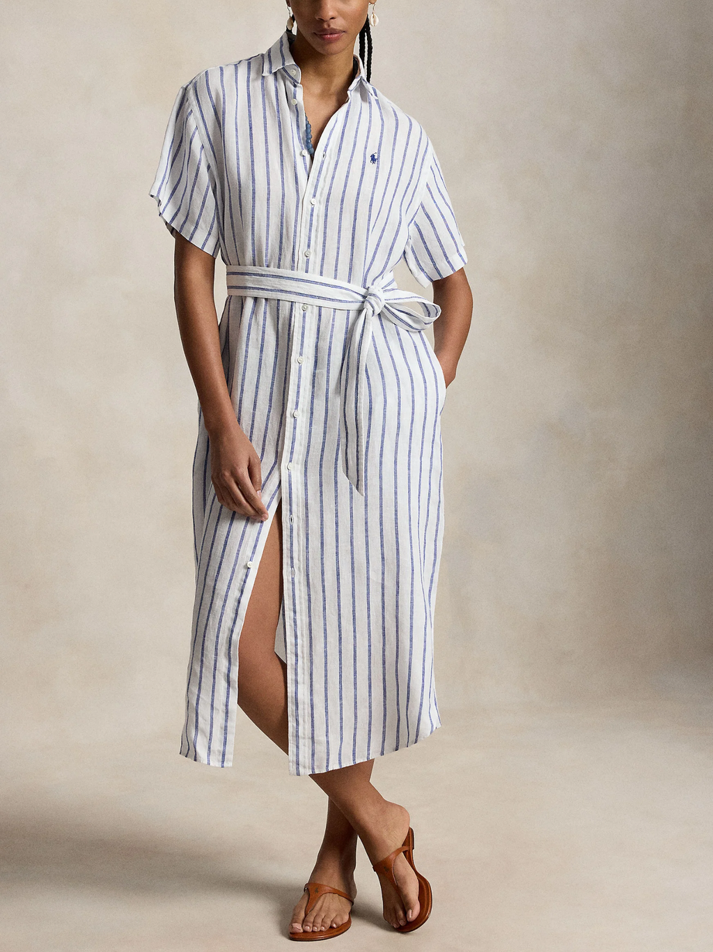 RALPH LAUREN WOMEN Striped Linen Short-sleeve Shirtdress White/Royal