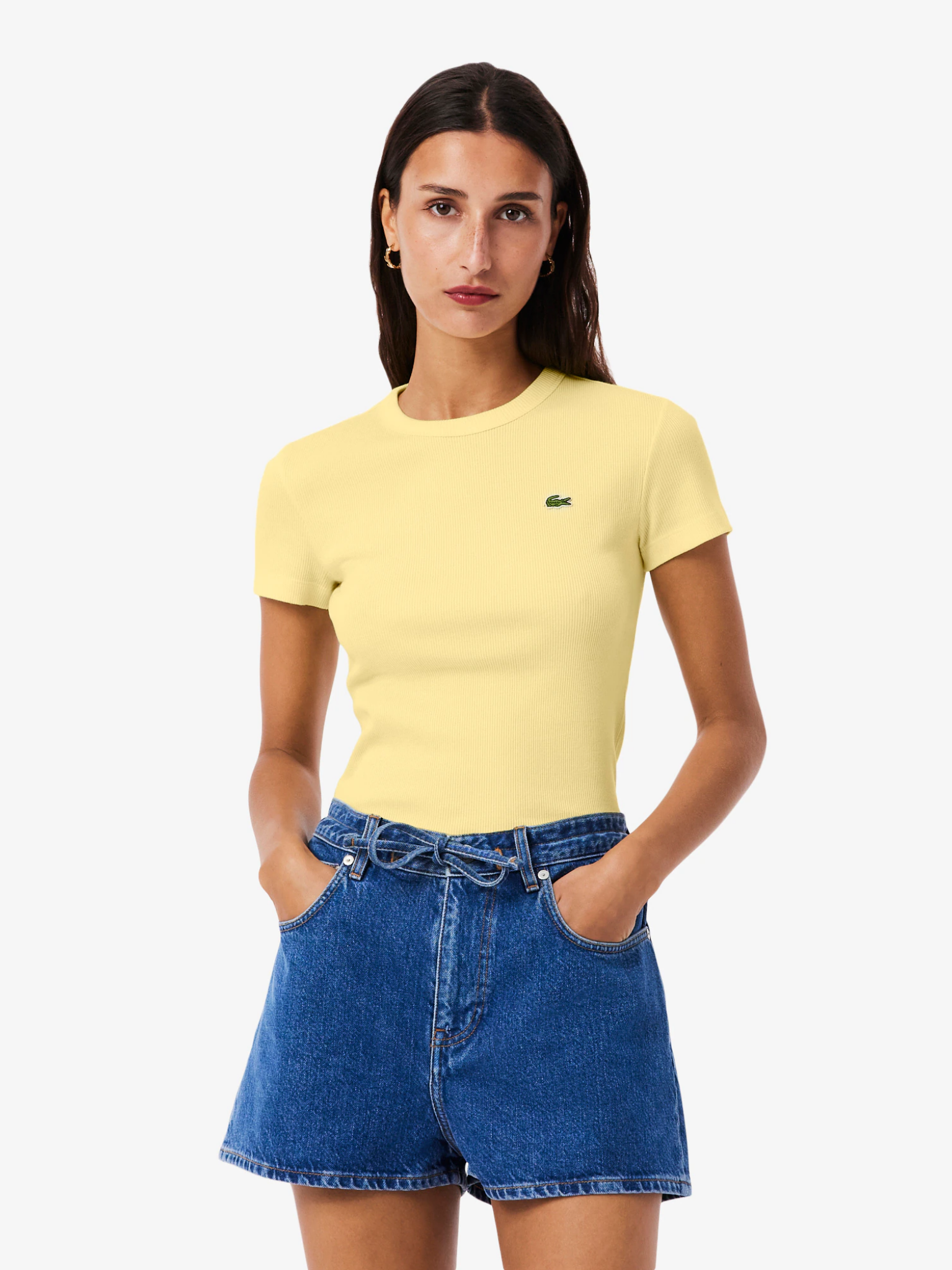 LACOSTE WOMEN Slim Fit Ribbed Cotton T-shirt Pastel Yellow