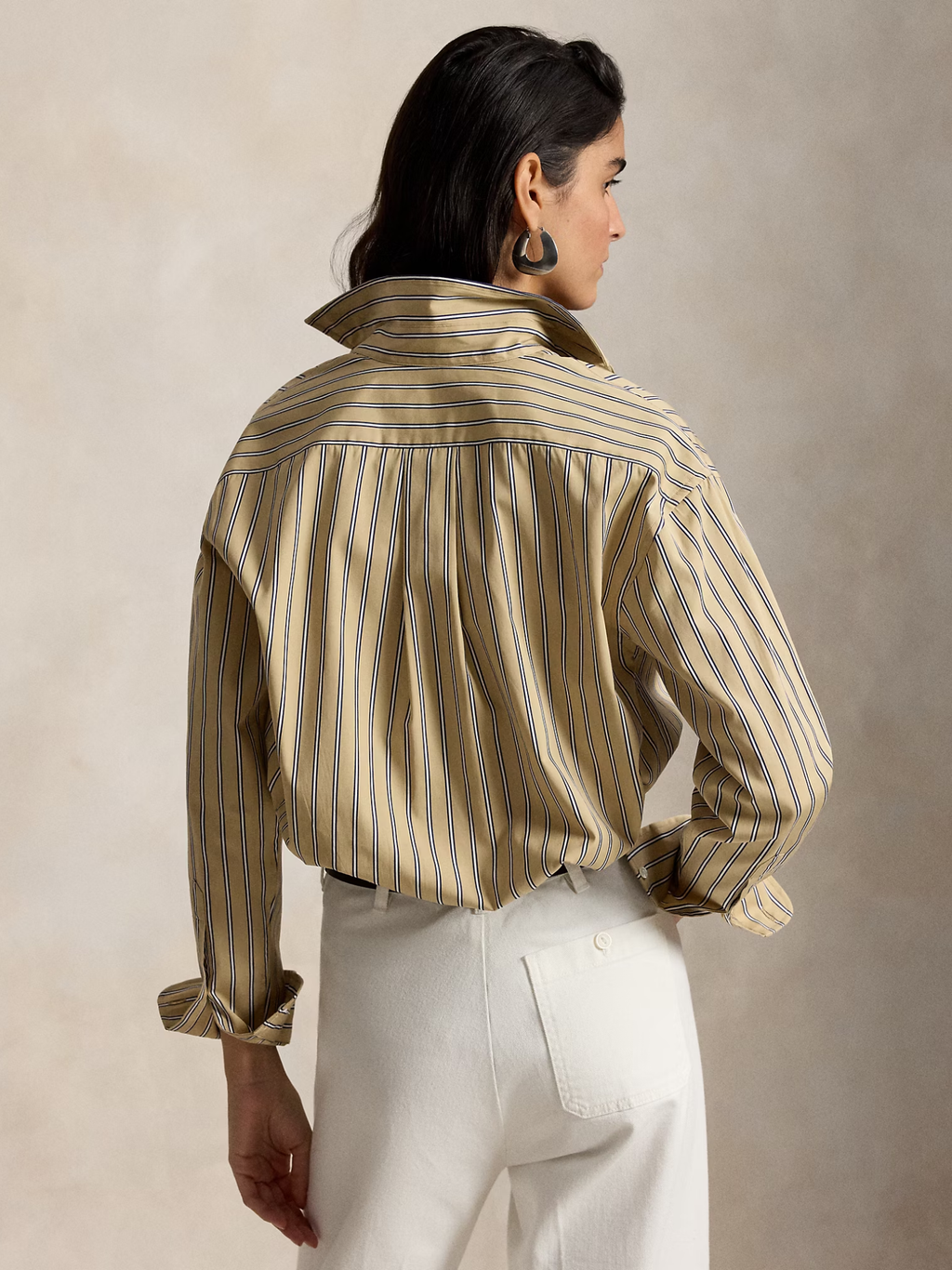 RALPH LAUREN WOMEN Relaxed Fit Striped Cotton Shirt Tan Royal Multi