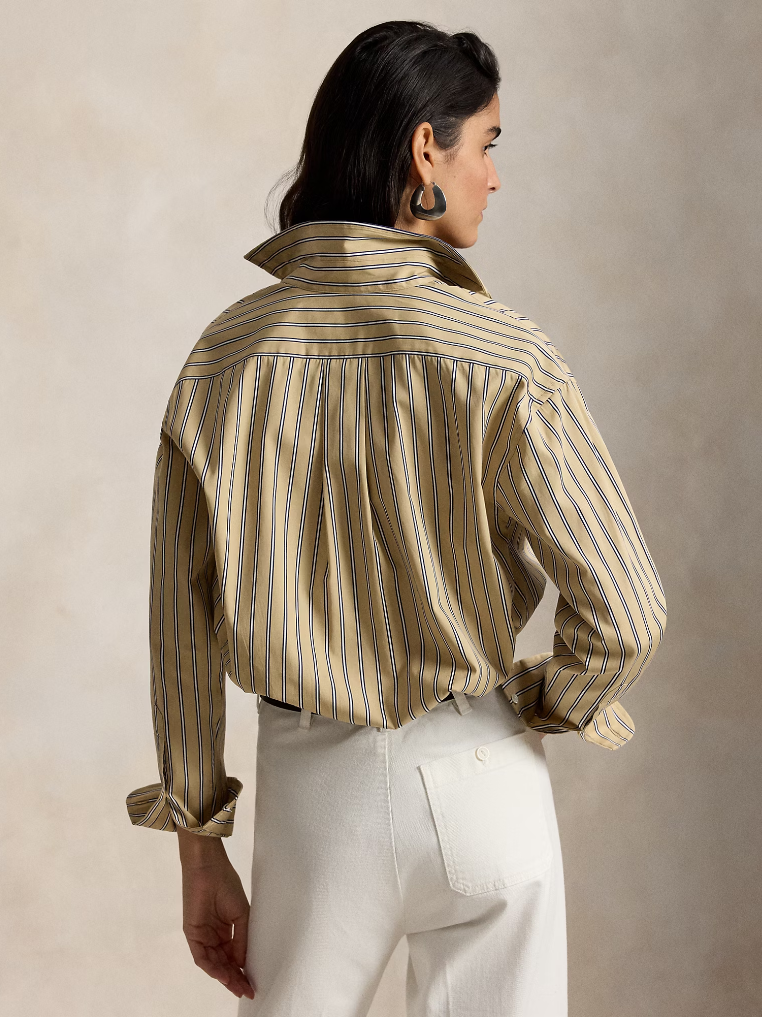 RALPH LAUREN WOMEN Relaxed Fit Striped Cotton Shirt Tan Royal Multi