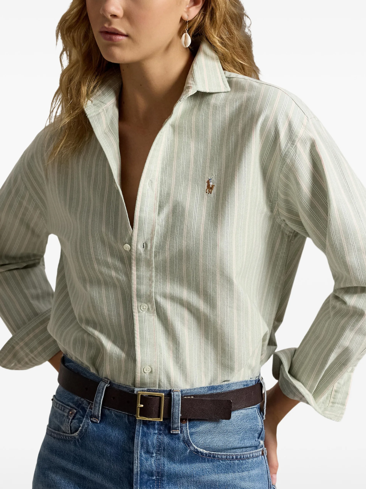 RALPH LAUREN WOMEN Relaxed Fit Cotton Oxford Shirt Green/Pink