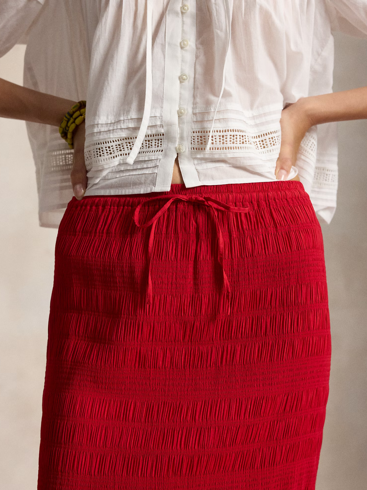 RALPH LAUREN WOMEN Seersucker Drawstring Skirt Cruise Red