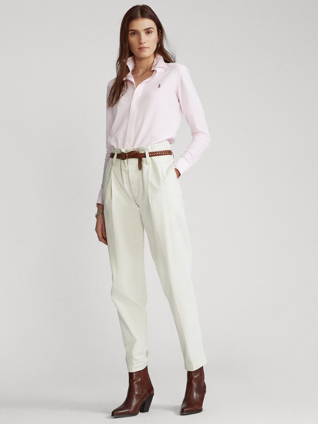 RALPH LAUREN WOMEN Striped Knit Oxford Shirt Pink/White