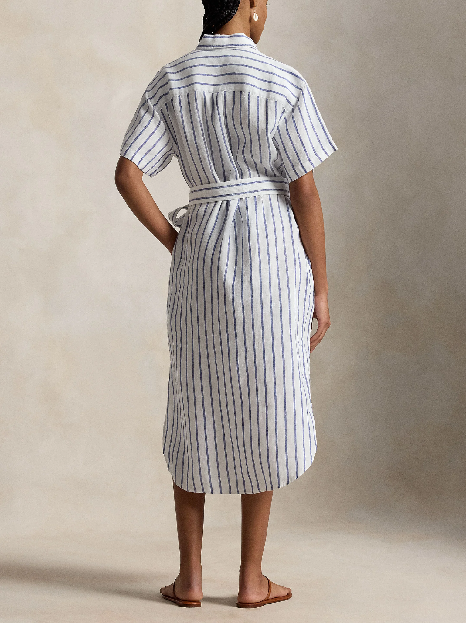 RALPH LAUREN WOMEN Striped Linen Short-sleeve Shirtdress White/Royal