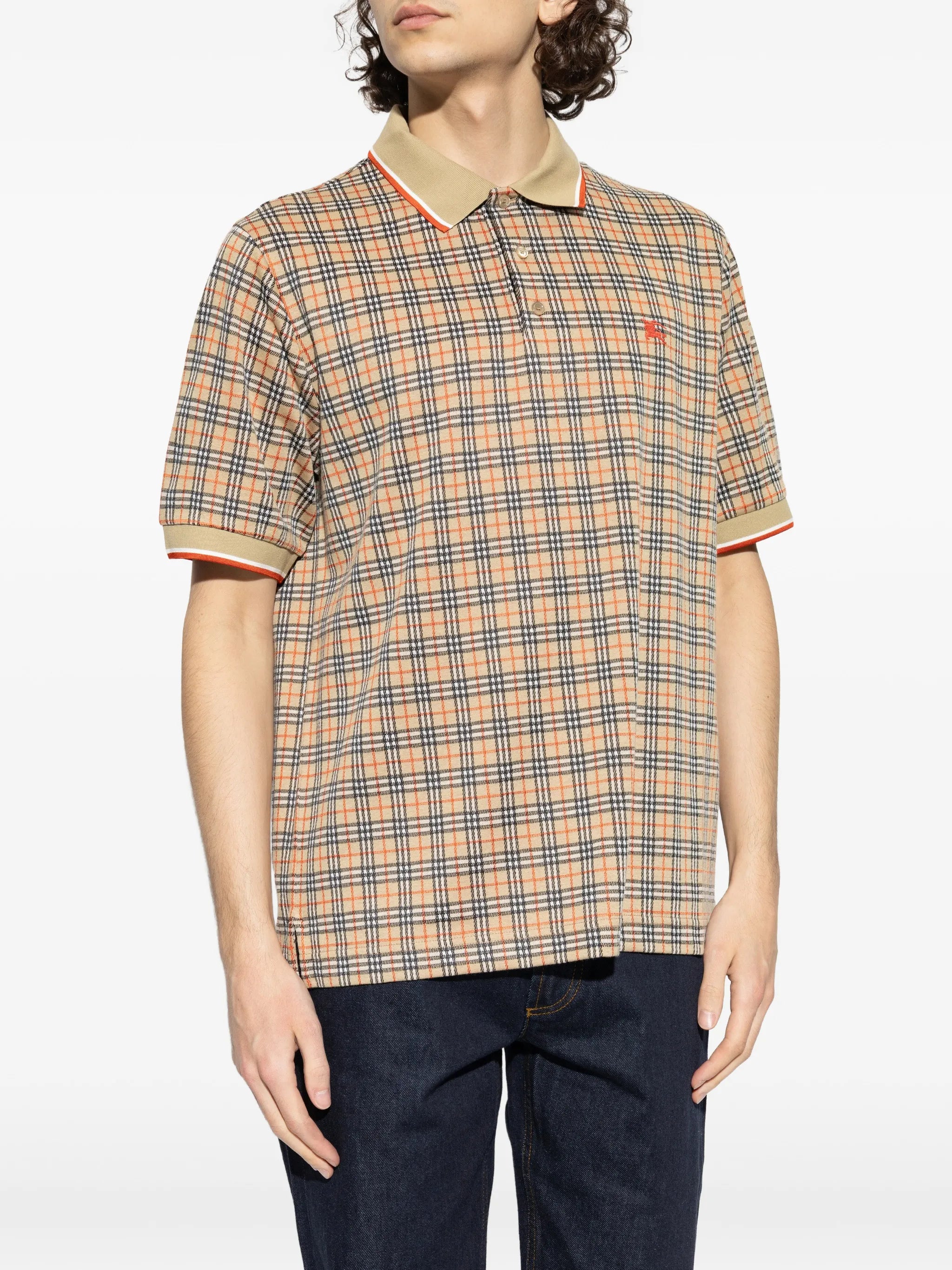 BURBERRY Check Cotton Blend Polo Shirt Sand Beige