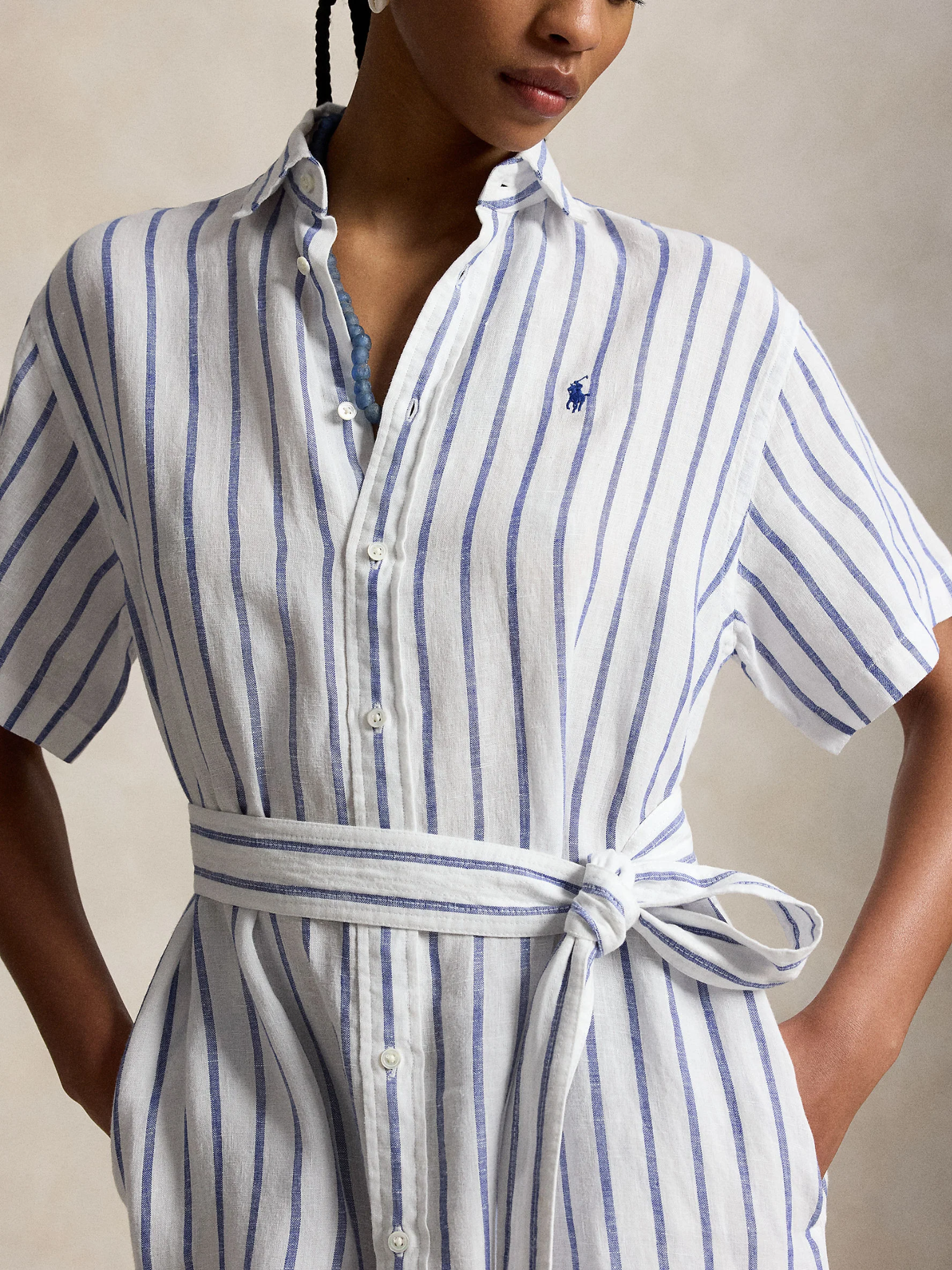 RALPH LAUREN WOMEN Striped Linen Short-sleeve Shirtdress White/Royal