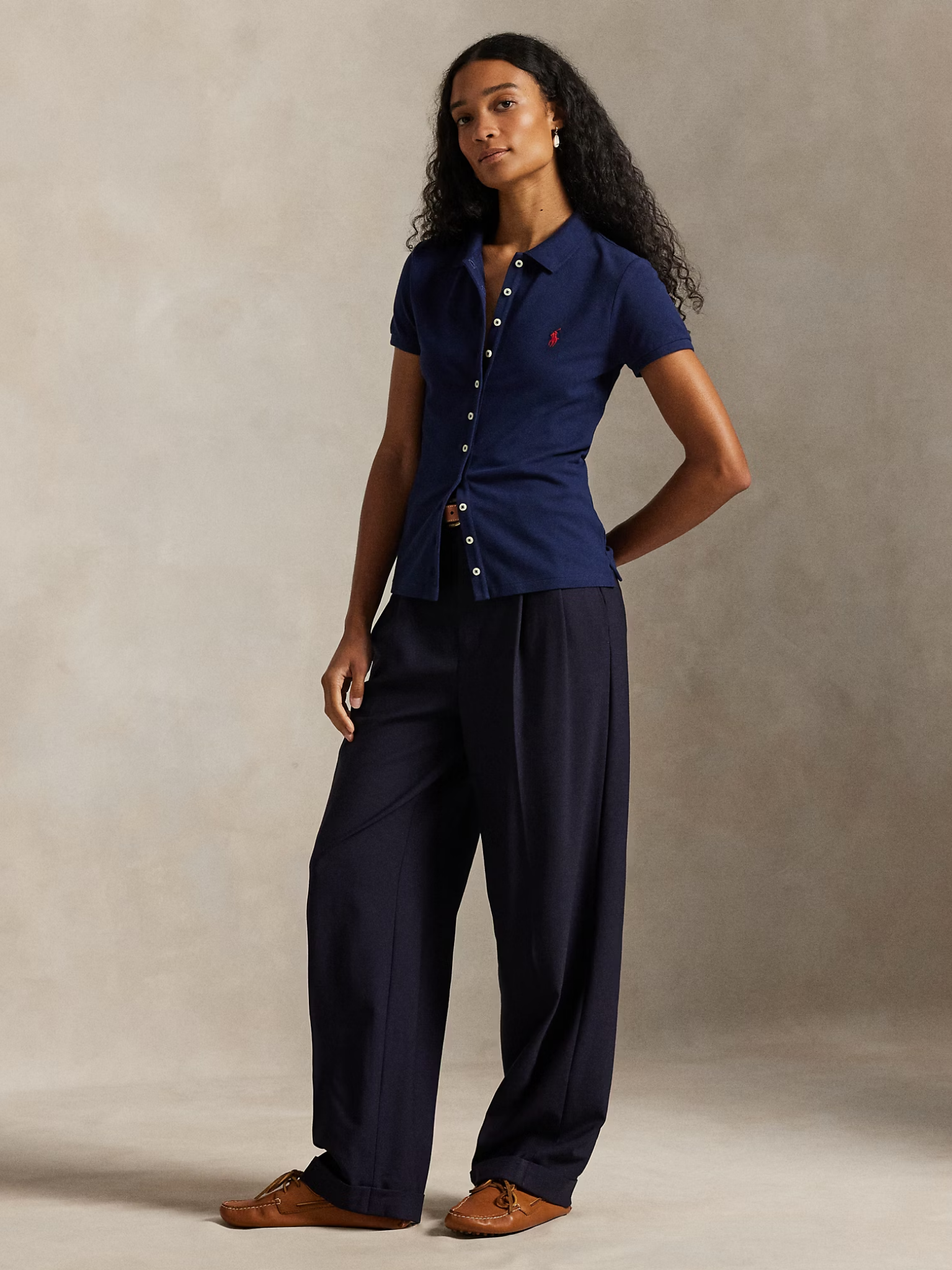 RALPH LAUREN WOMEN Buttoned-Placket Polo Shirt Newport Navy