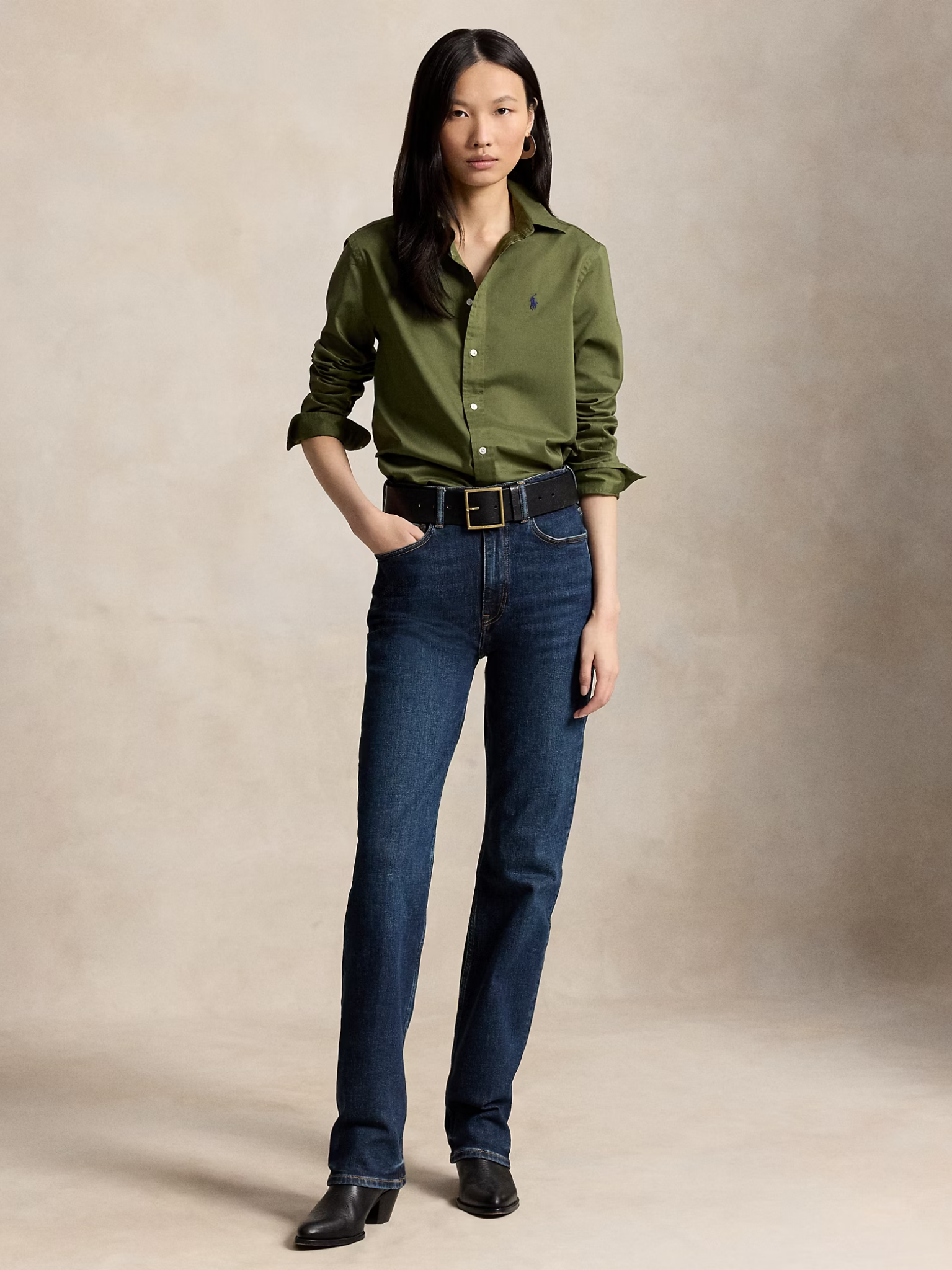 RALPH LAUREN WOMEN Classic Fit Cotton Twill Shirt Dense Olive
