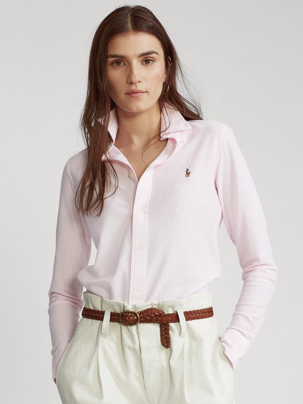 RALPH LAUREN WOMEN Striped Knit Oxford Shirt Pink/White